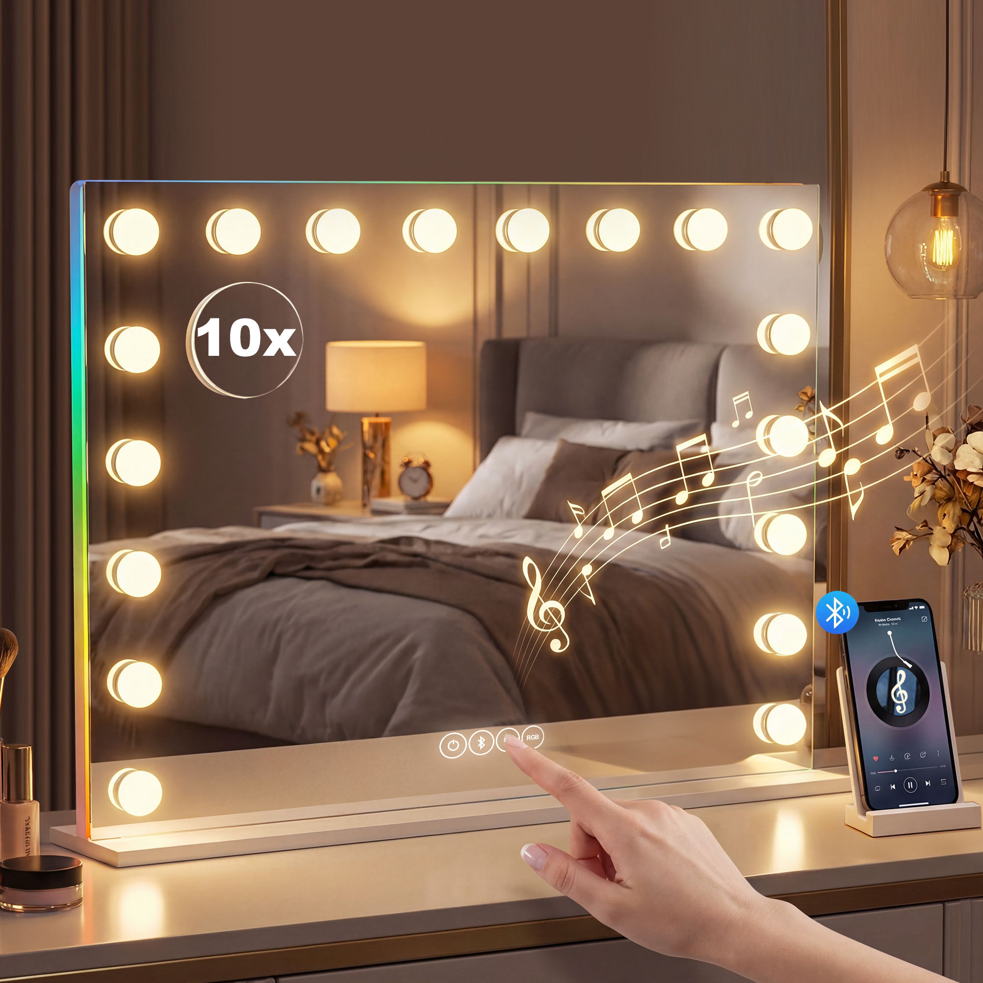 Hollywood-schminkspiegel Mit 18 Leds, 3 Lichtfarben, Rgb-beleuchtung, Bluetooth-lautsprecher, Weiß