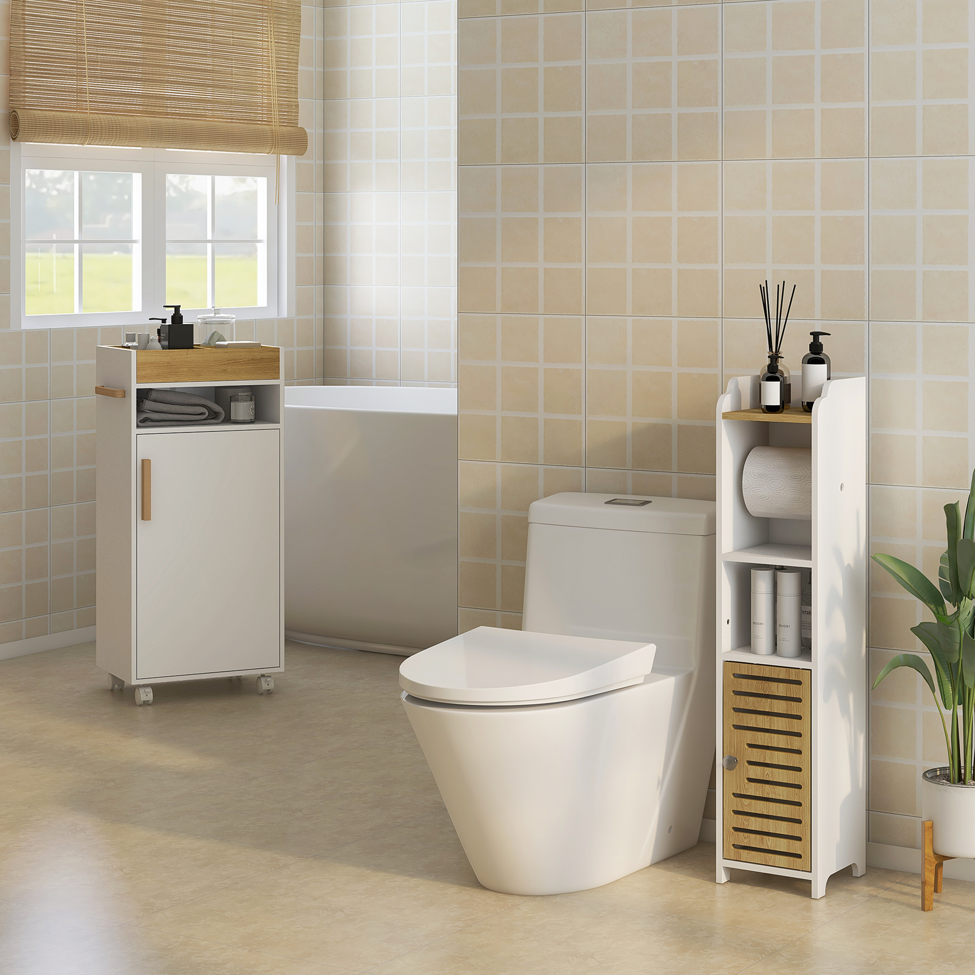 Badezimmerschrank Mit Herausnehmbarem Einlegeboden, Offenen Und Geschlossenen Fächern, Spanplatte, 40 X 30 X 88 Cm, Weiß