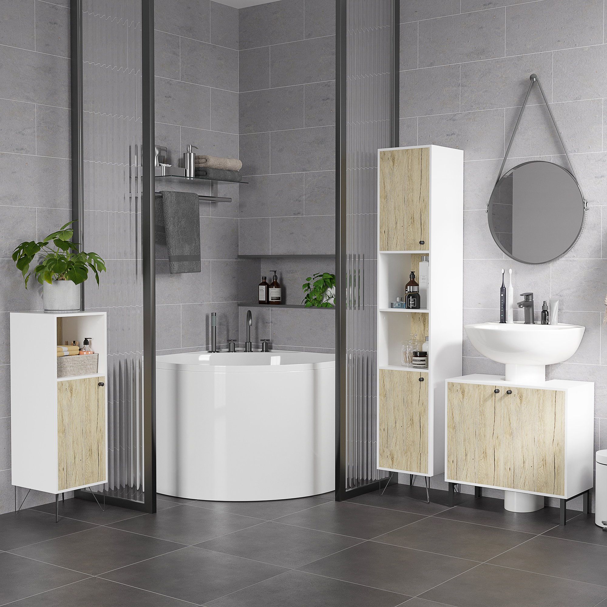 Badezimmerschrank Mit 2 Offenen Regalböden Und 2 Schränken Aus Spanplatte, 31,5 X 30 X 169 Cm, Weiß Und Holz