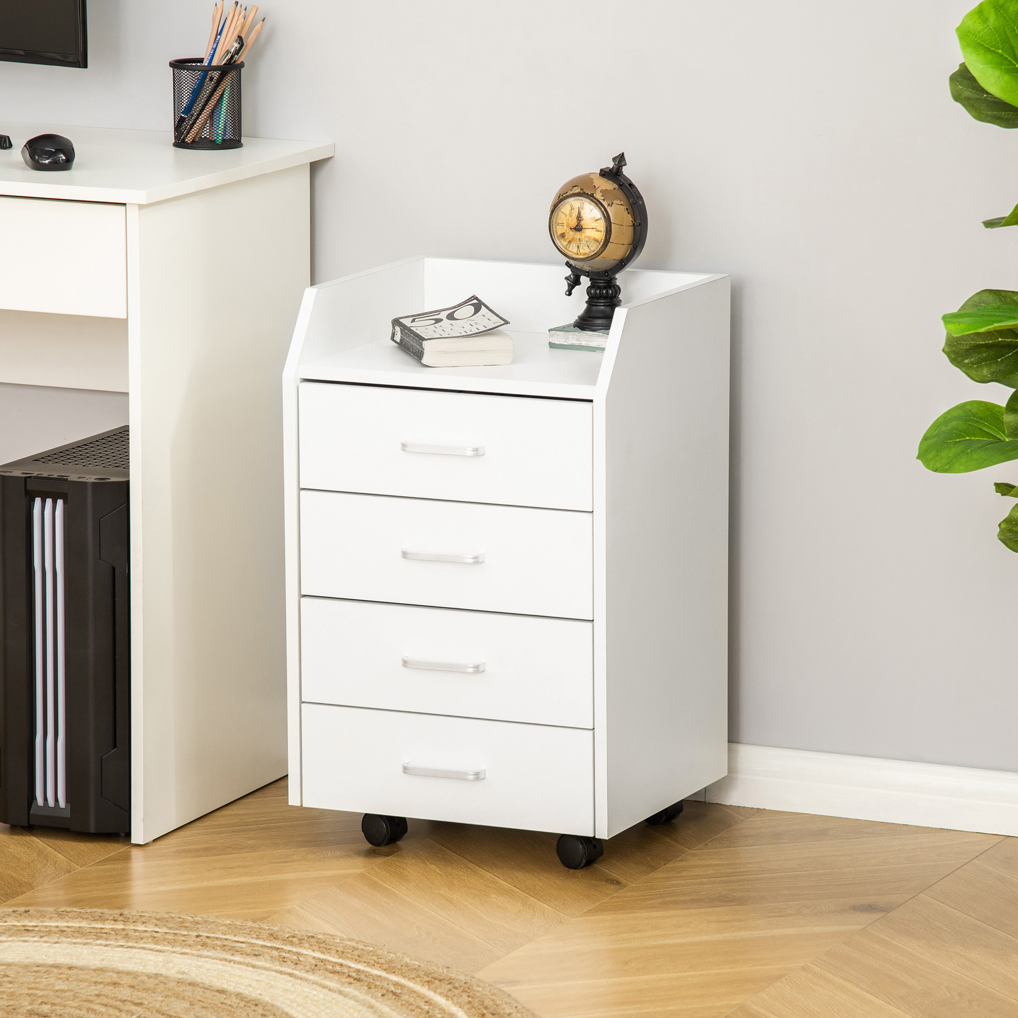 Rollbarer Büroschrank Mit 4 Auszugsschubladen, Aus Mdf Und Spanplatte, Maße 40 X 36 X 65 Cm (l X B X H), Weiß