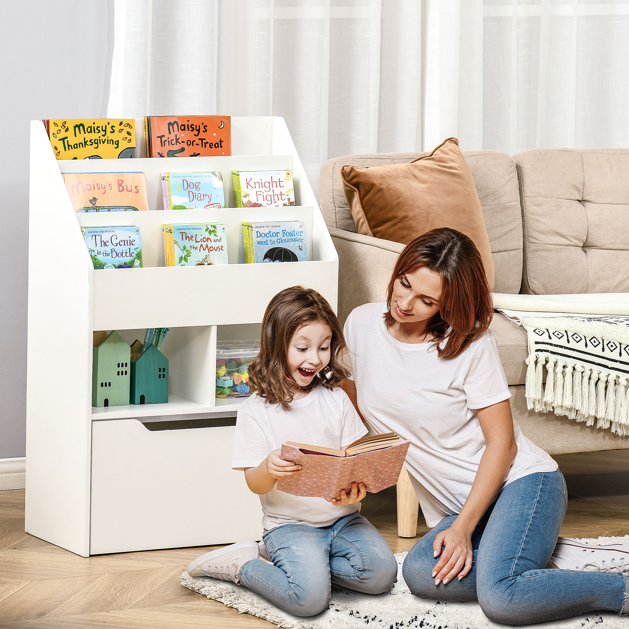 Bücherregal Mit Vielfältigen Aufbewahrungsmöglichkeiten, 3 Regalböden, 2 Nischen Und Einer Großen Holzbox, Weiß