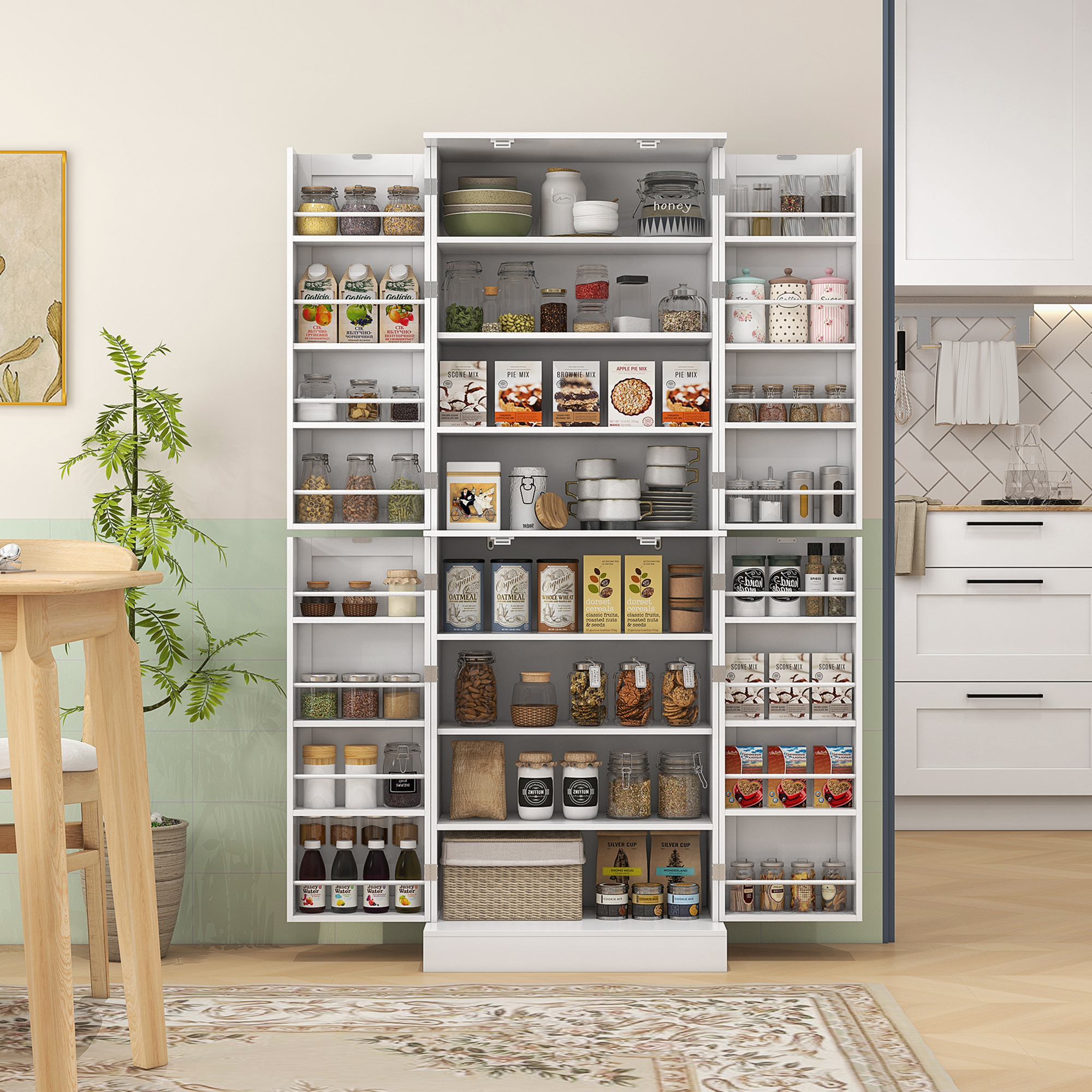 Küchenbuffetschrank Mit Schrank, Verstellbarem Einlegeboden Und Gewürzregal, 60 X 35 X 166 Cm, Weiß