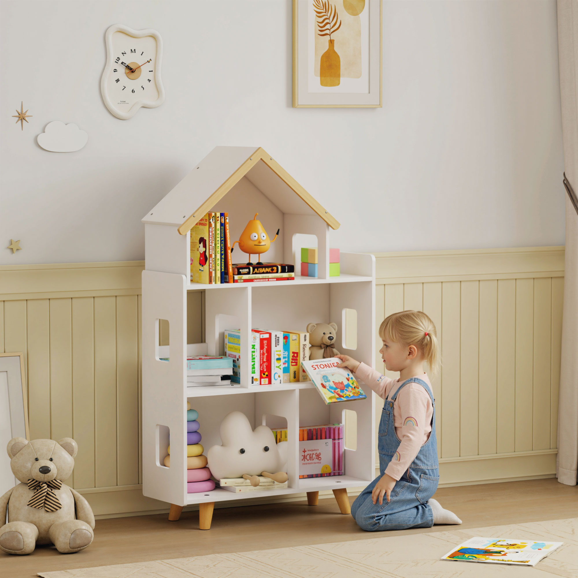 Dreistöckiges Regal Für Kinder Von 3 Bis 6 Jahren, Für Bücher Und Spiele, Aus Mdf Und Kiefernholz, 65 X 25 X 108,5 Cm, Weiß