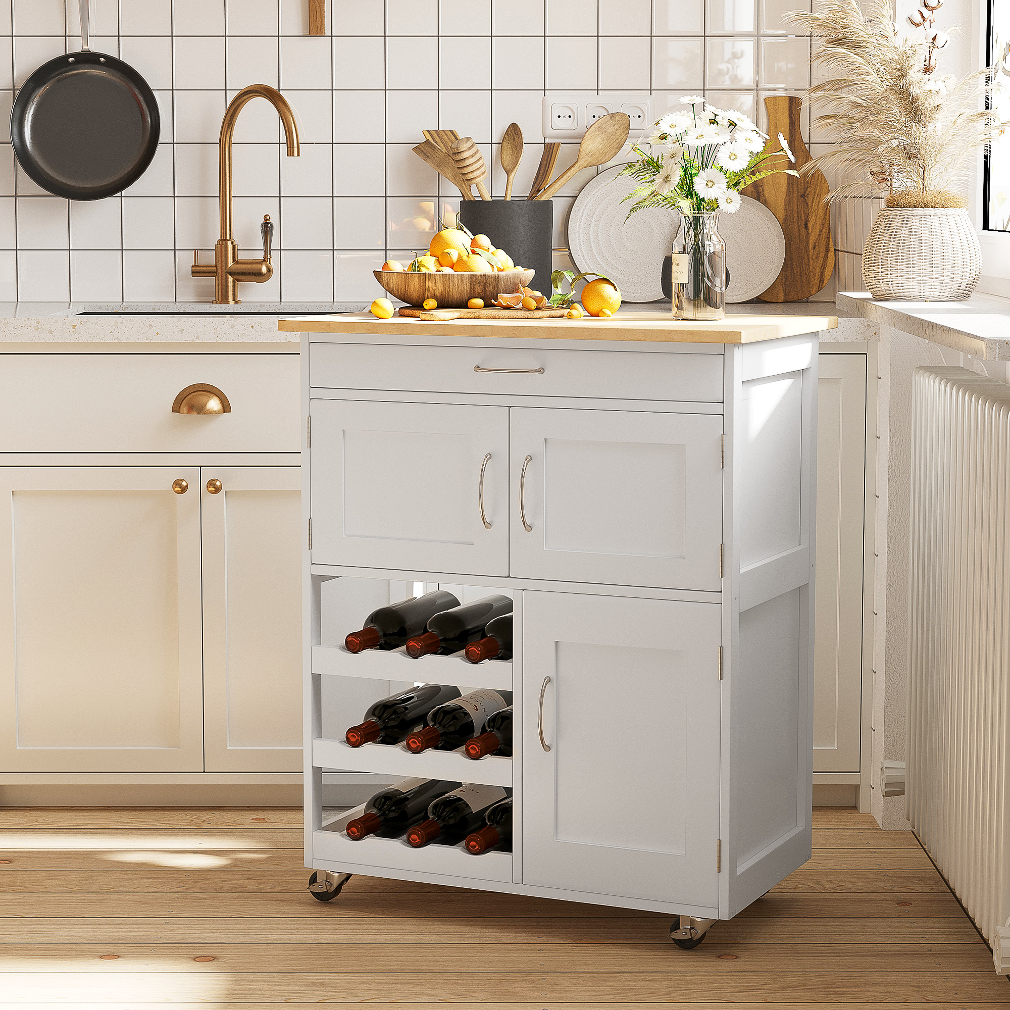 Küchenwagen Mit 9 Flaschenablagen, 3 Türen, 4 Rollen Und Einer Schublade, Platzsparendes Möbelstück Mit Gummibaumholzplatte, Für Das Wohnzimmer, 67 X 37 X 87 Cm, Weiß Und Eiche