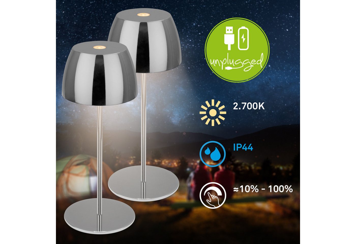 Briloner Serina Mini Mini Led Tischlampe Kabellos Ip44, 2er Set, Dimmbar, Touch, Spritzwasserschutz, Kabellos, Chrom, Ø8 X 20 Cm