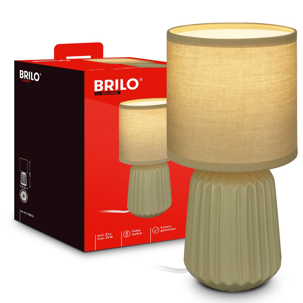 Briloner Nachttischlampe Keramikfuß Ø13x27 Cm E14 Fassung Max. 25w Kabelschalter Grün - Tischlampe Wohnzimmer Schlafzimmer Flur
