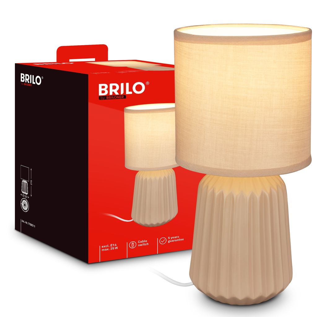 Briloner Nachttischlampe Keramikfuß Ø13x27 Cm E14 Fassung Max. 25w Kabelschalter Beige - Tischlampe Wohnzimmer Schlafzimmer Flur