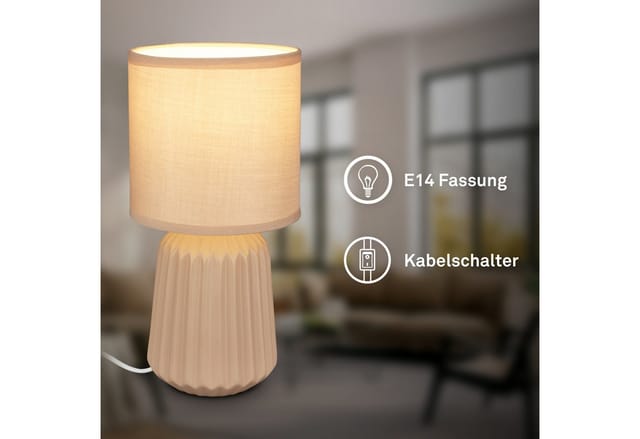 Briloner Nachttischlampe Keramikfuß Ø13x27 Cm E14 Fassung Max. 25w Kabelschalter Beige - Tischlampe Wohnzimmer Schlafzimmer Flur