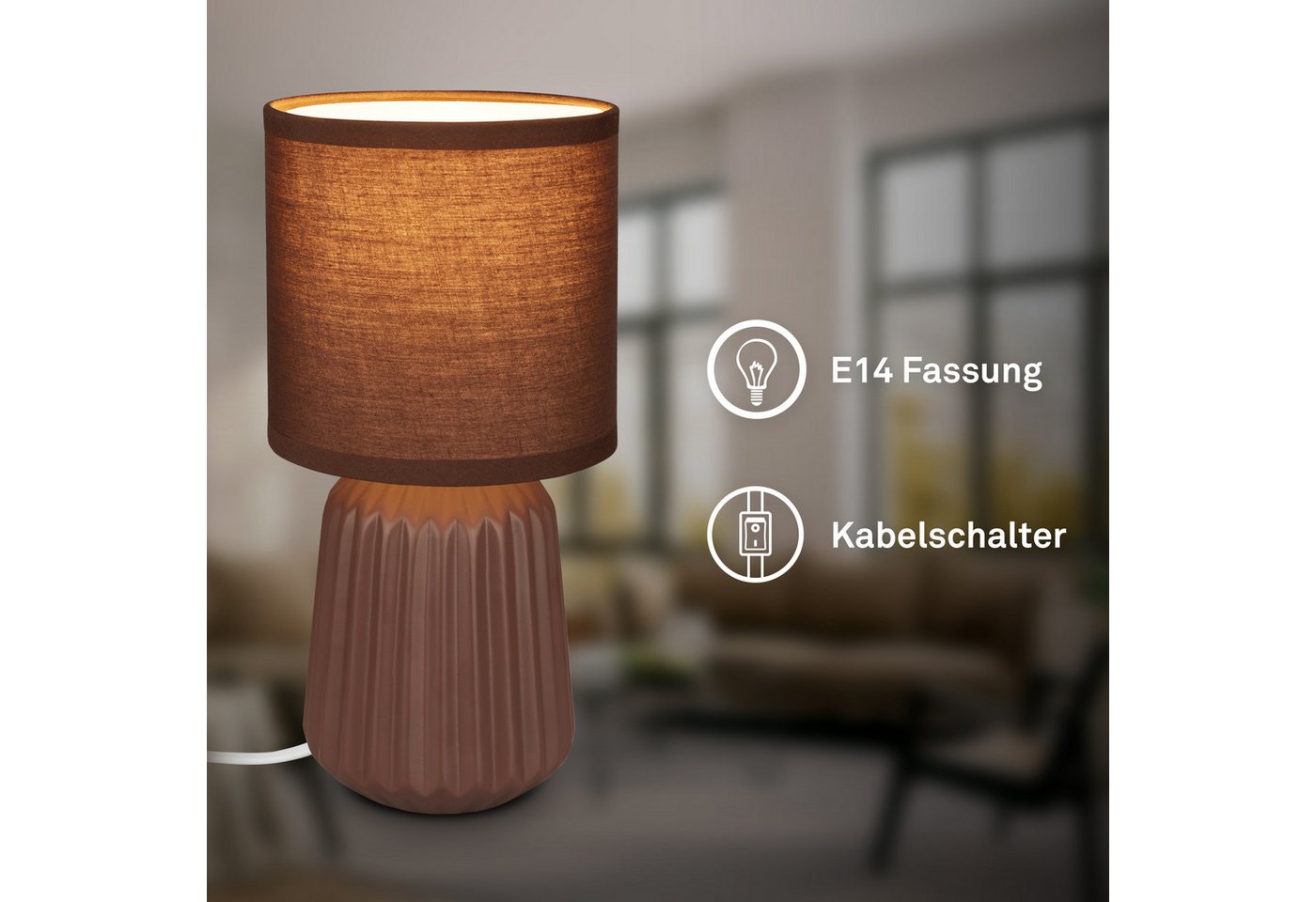 Briloner Nachttischlampe Keramikfuß Ø13x27 Cm E14 Fassung Max. 25w Kabelschalter Braun - Tischlampe Wohnzimmer Schlafzimmer Flur Bild 4