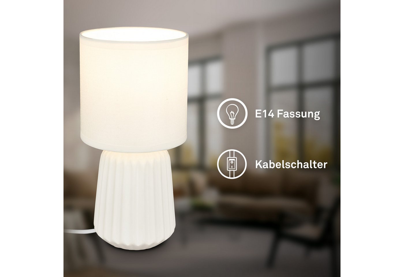 Briloner Nachttischlampe Keramikfuß Ø13x27 Cm E14 Fassung Max. 25w Kabelschalter Weiß - Tischlampe Wohnzimmer Schlafzimmer Flur Bild 2
