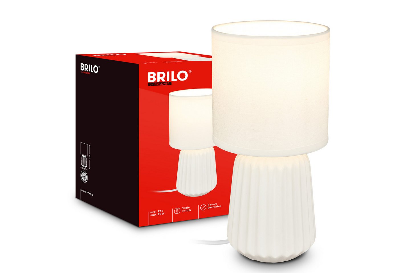 Briloner Nachttischlampe Keramikfuß Ø13x27 Cm E14 Fassung Max. 25w Kabelschalter Weiß - Tischlampe Wohnzimmer Schlafzimmer Flur Bild 3