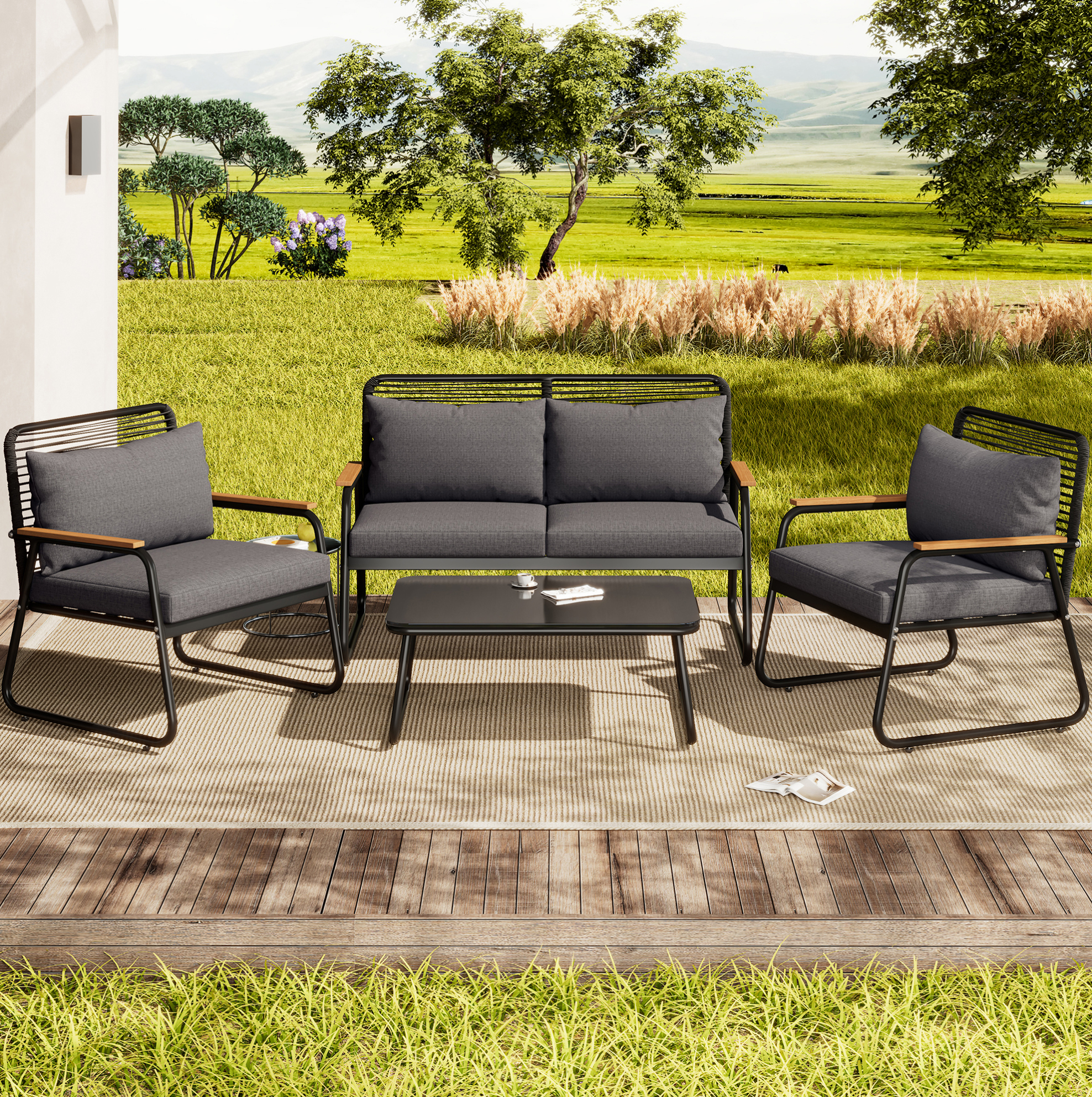 Garten-lounge-set Aus Metall, 4-sitzer, Schwarz, Mit Kissen, Tisch Mit Glasplatte Und Verstellbaren Füßen