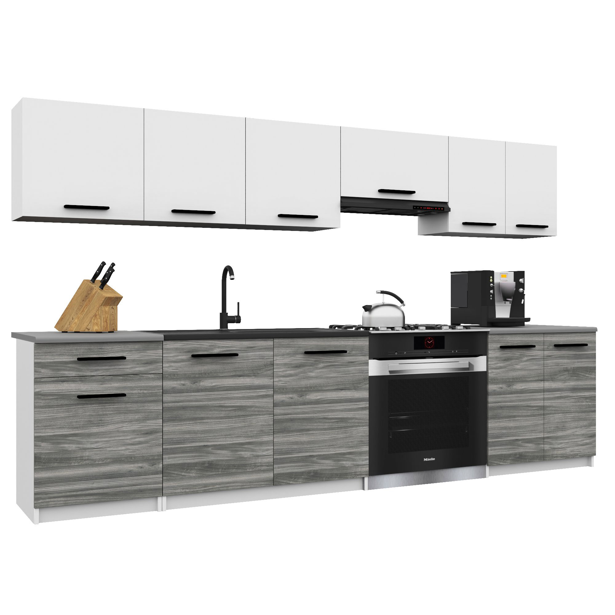 Belini Italia 2 Küche Ausgestattet Modular Komplett - 240 Cm. Ober- Und Unterschränke Mit Arbeitsplatte, Blanc Mat/gris Glamour
