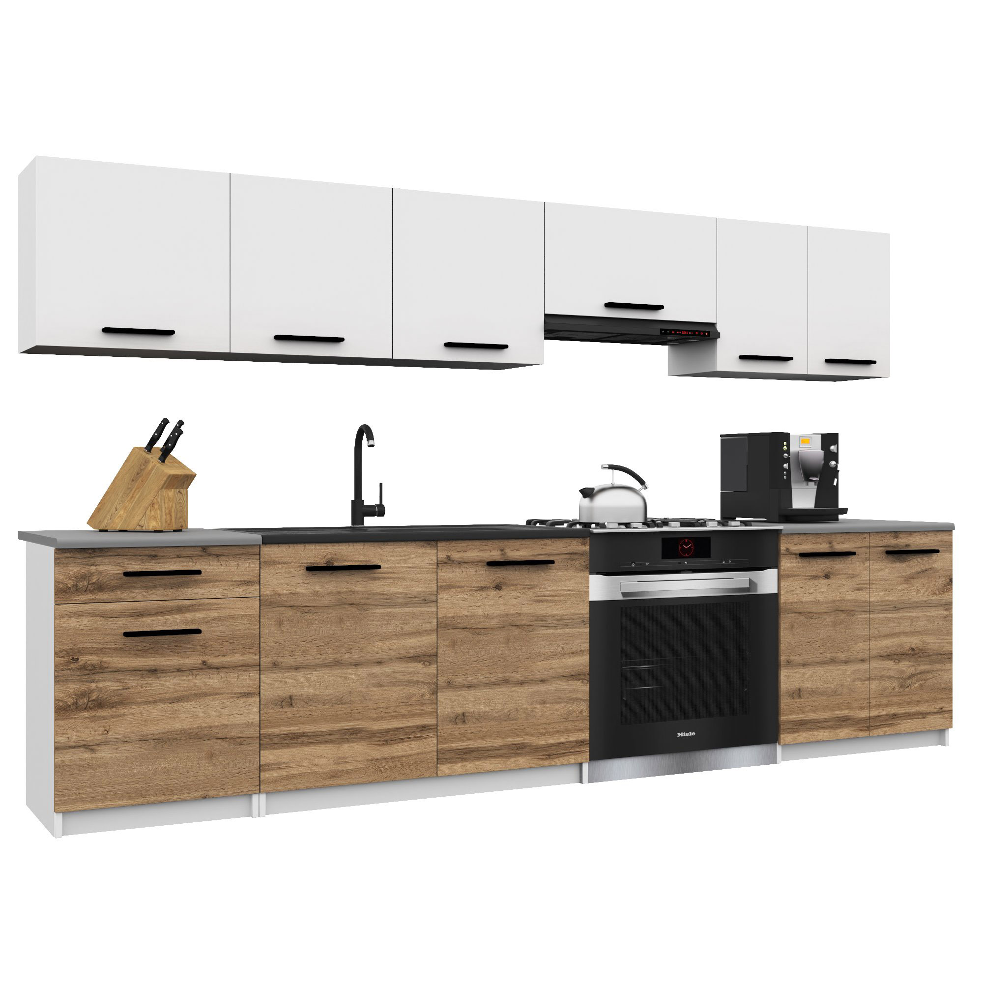 Belini Italia 2 Küche Ausgestattet Modular Komplett - 240 Cm. Ober- Und Unterschränke Mit Arbeitsplatte, Blanc Mat/brun Doré