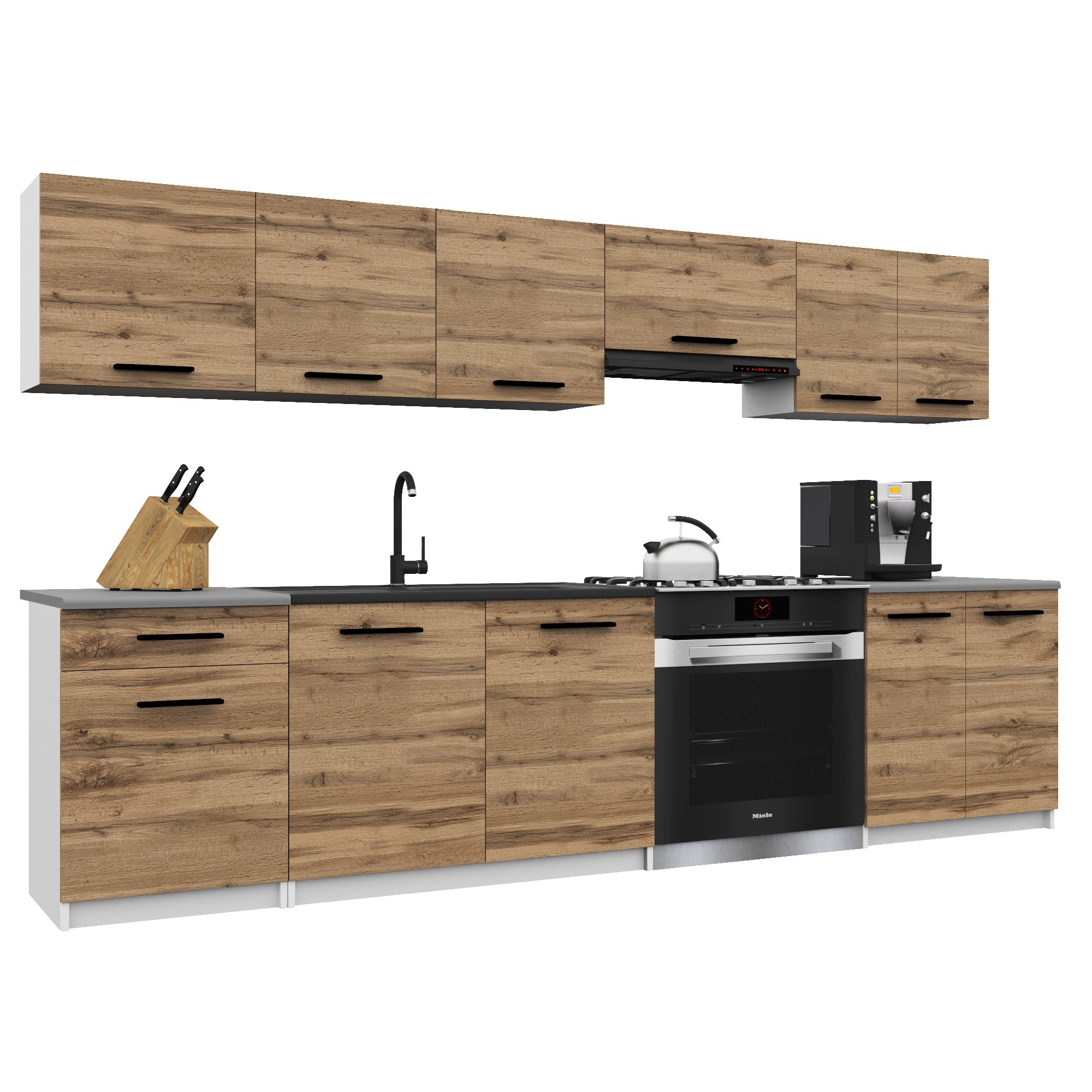 Belini Italia 2 Küche Ausgestattet Modular Komplett - 240 Cm. Ober- Und Unterschränke Mit Arbeitsplatte, Brun Doré