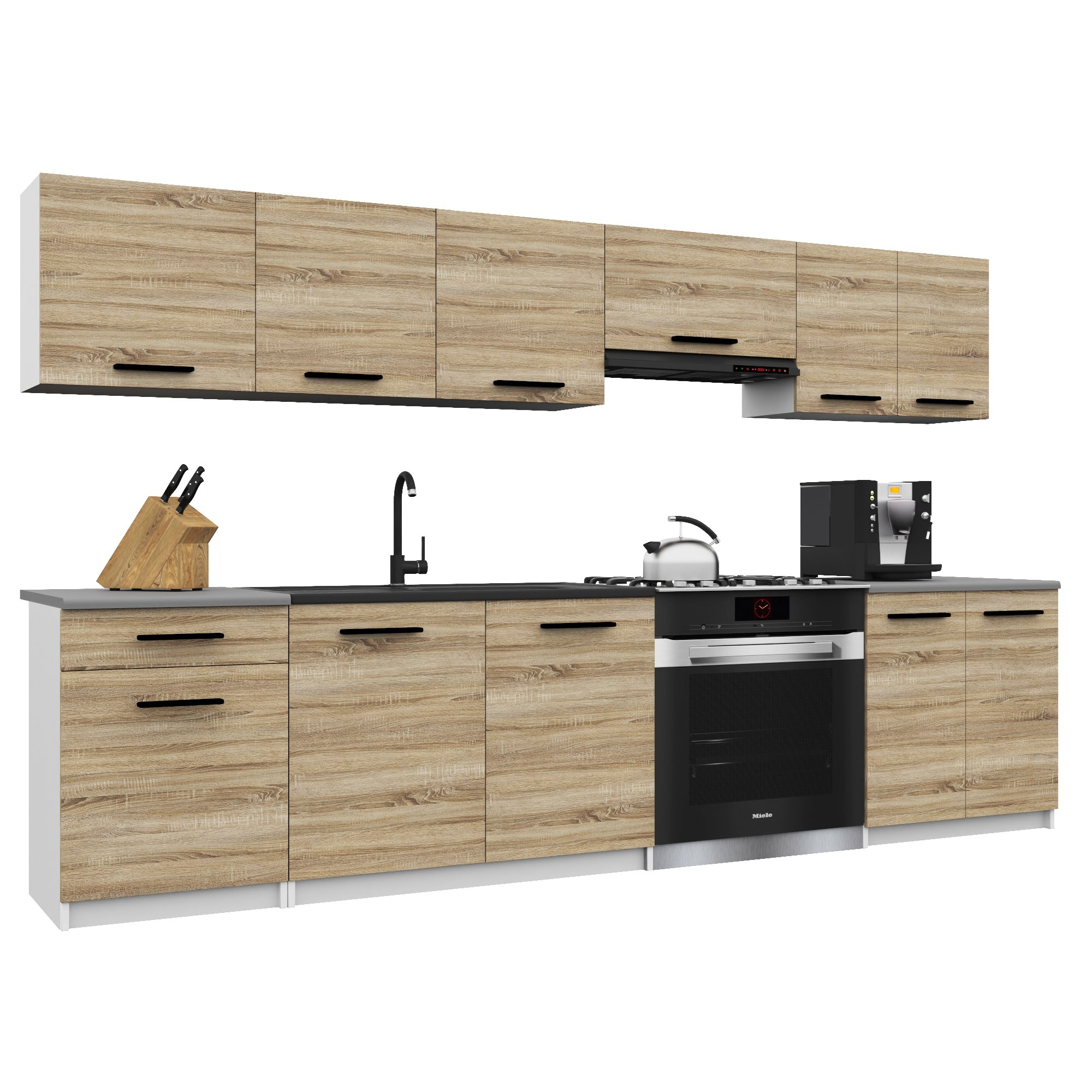 Belini Italia 2 Küche Ausgestattet Modular Komplett - 240 Cm. Ober- Und Unterschränke Mit Arbeitsplatte, Chêne Sonoma