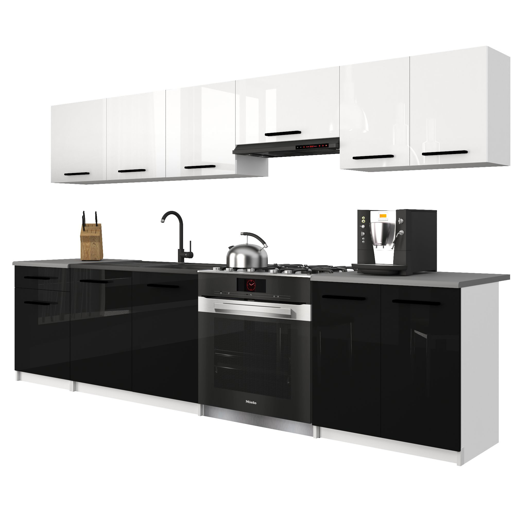 Belini Italia 2 Küche Ausgestattet Modular Komplett - 240 Cm. Ober- Und Unterschränke Mit Arbeitsplatte, Blanc Très Brillant/noir Très Brillant