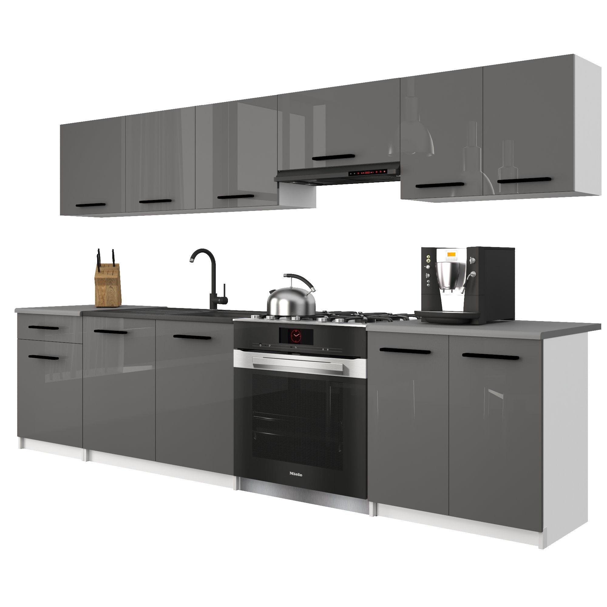 Belini Italia 2 Küche Ausgestattet Modular Komplett - 240 Cm. Ober- Und Unterschränke Mit Arbeitsplatte, Grau Hochglanz