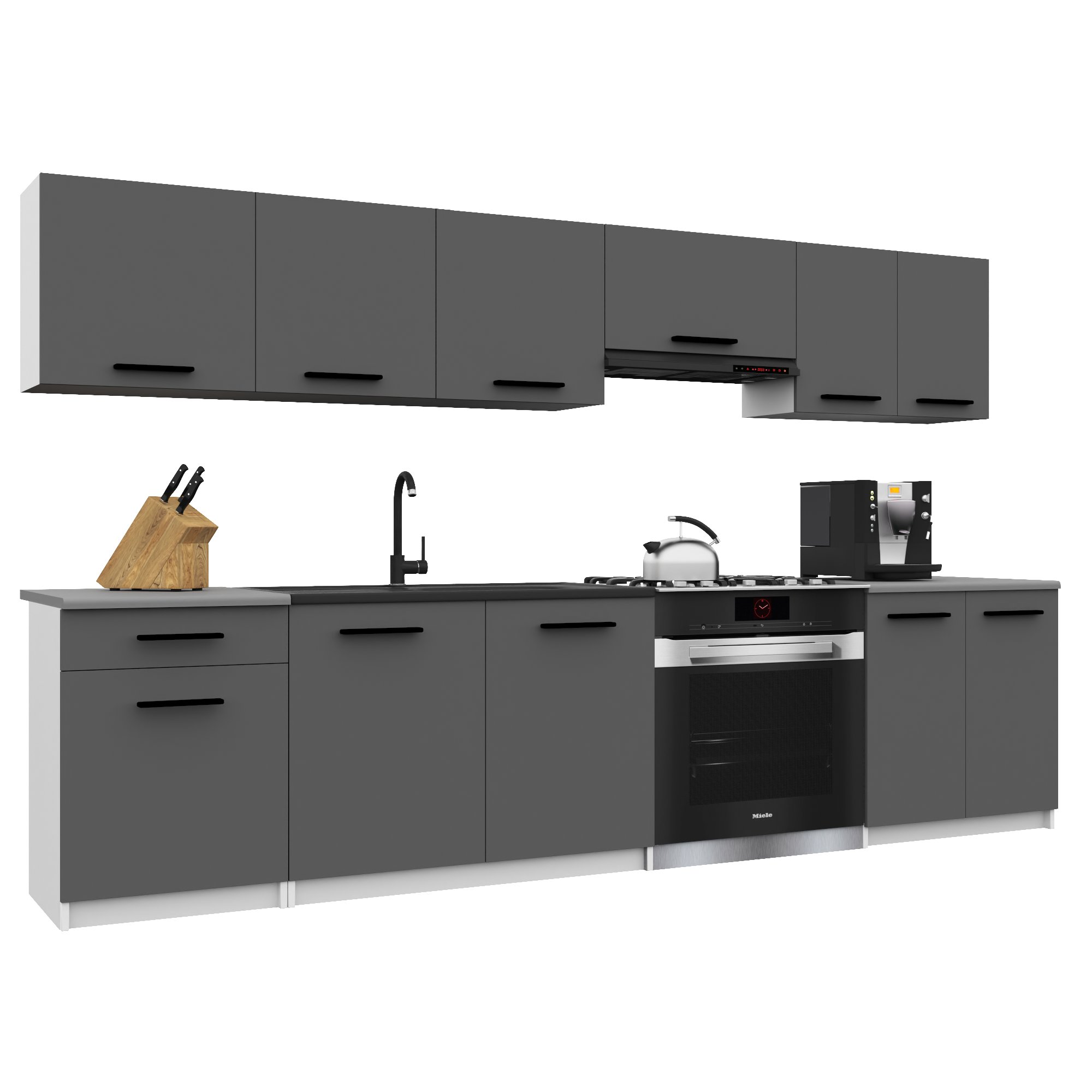 Belini Italia 2 Küche Ausgestattet Modular Komplett - 240 Cm. Ober- Und Unterschränke Mit Arbeitsplatte, Grau Matt