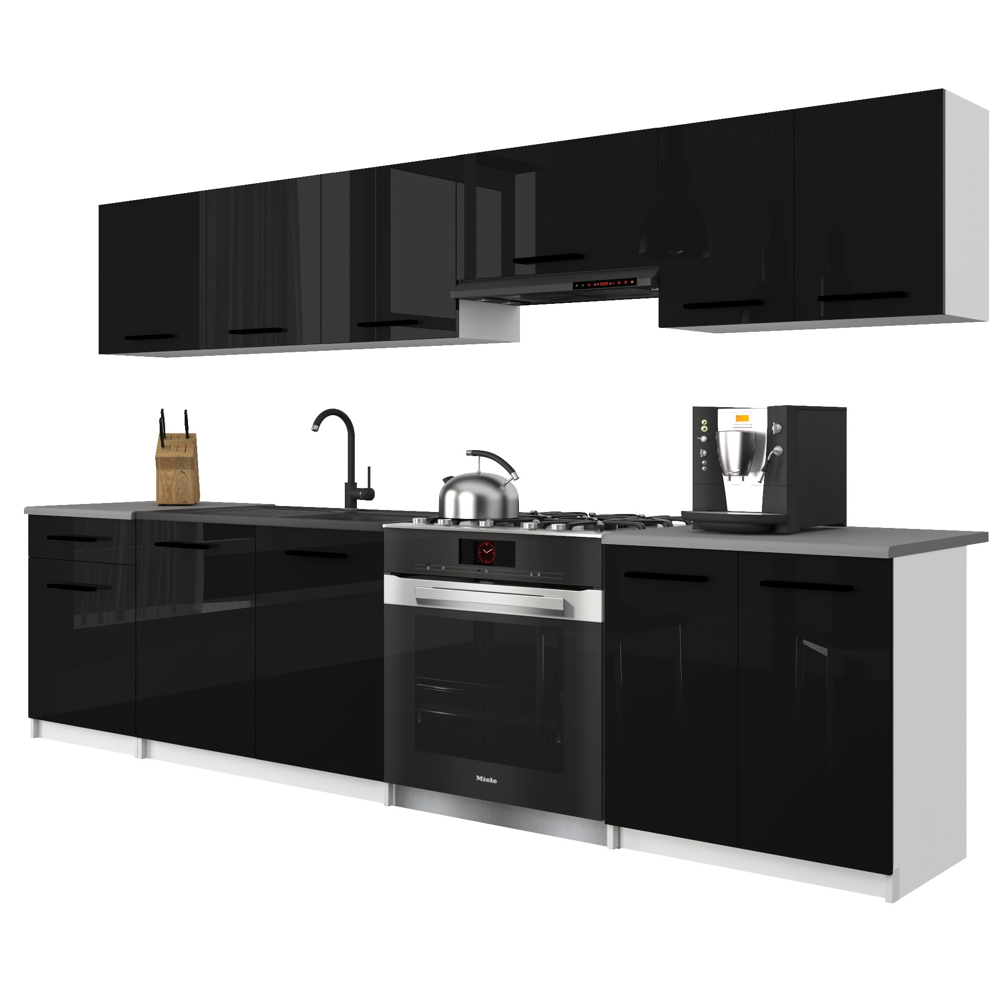Belini Italia 2 Küche Ausgestattet Modular Komplett - 240 Cm. Ober- Und Unterschränke Mit Arbeitsplatte, Schwarz Hochglanz