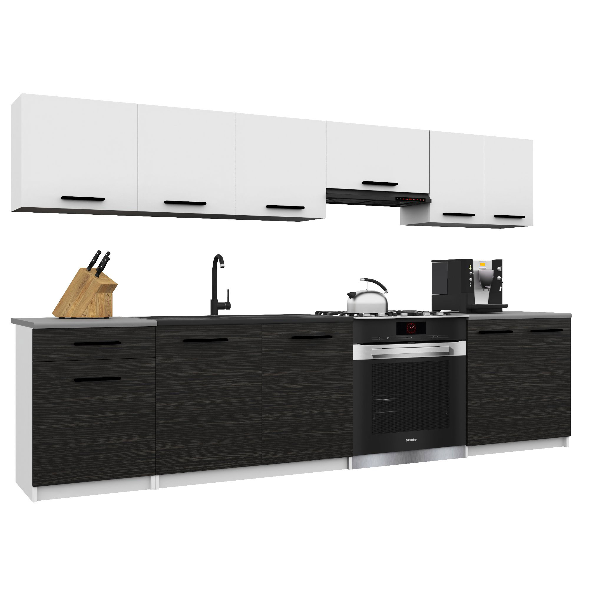 Belini Italia 2 Küche Ausgestattet Modular Komplett - 240 Cm. Ober- Und Unterschränke Mit Arbeitsplatte, Weiß Matt/ebenholz