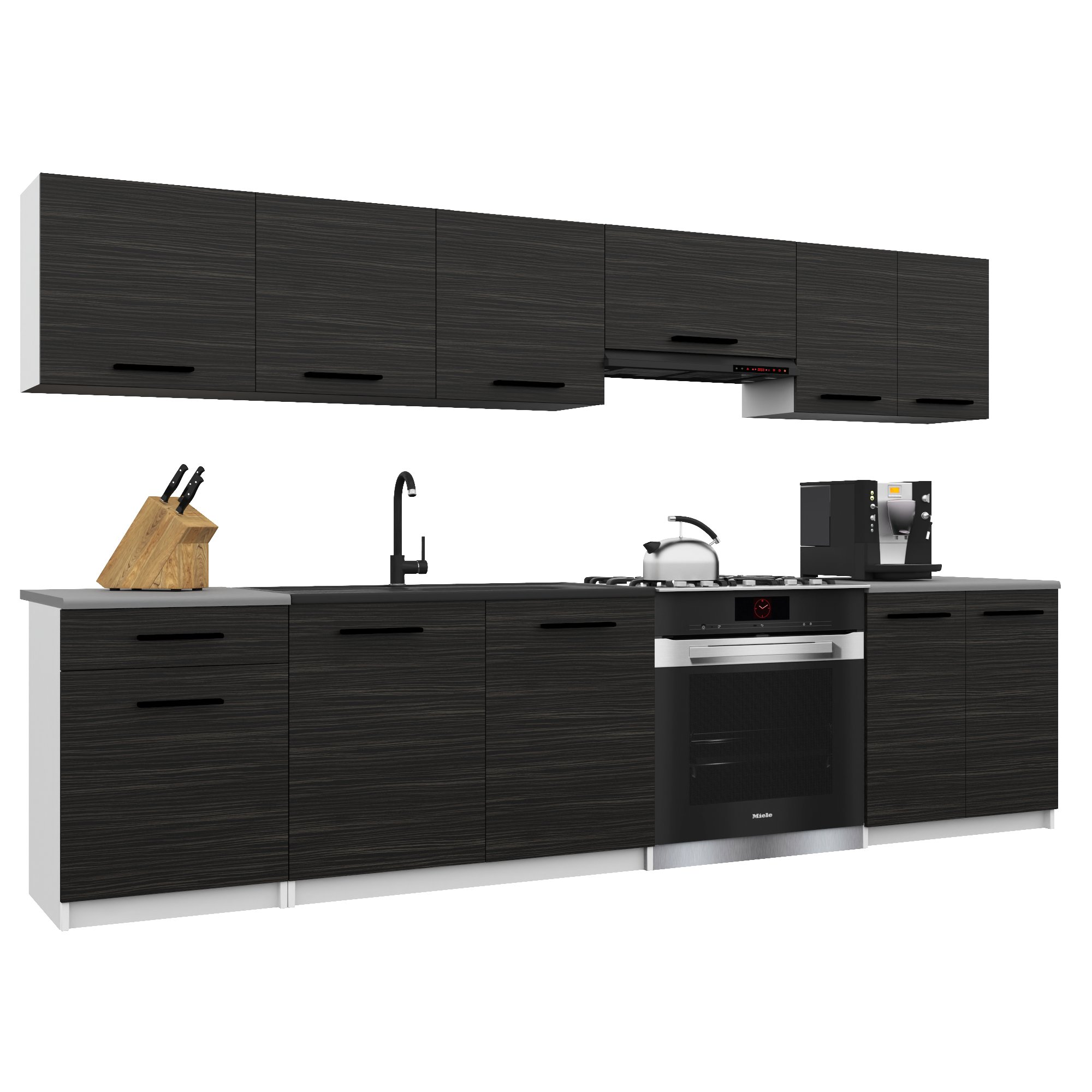 Belini Italia 2 Küche Ausgestattet Modular Komplett - 240 Cm. Ober- Und Unterschränke Mit Arbeitsplatte, Ébène