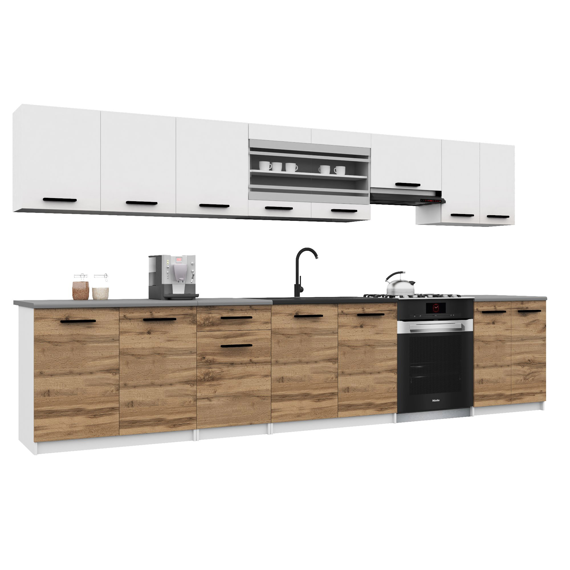 Belini Italia 3 Küche Ausgestattet Modular Komplett - 320 Cm. Ober- Und Unterschränke Mit Arbeitsplatte, Blanc Mat/brun Doré