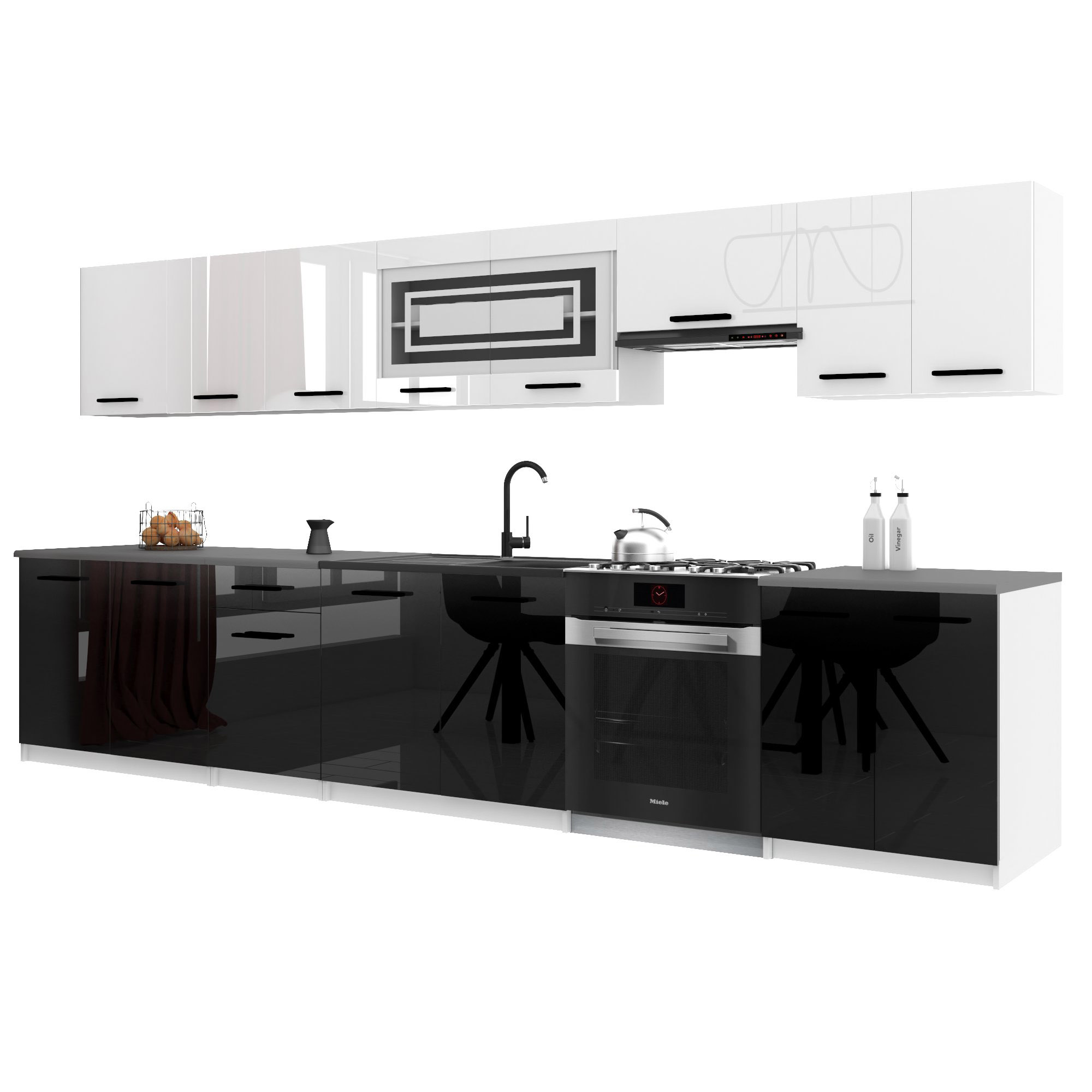 Belini Italia 3 Küche Ausgestattet Modular Komplett - 320 Cm. Ober- Und Unterschränke Mit Arbeitsplatte, Blanc Très Brillant/noir Très Brillant
