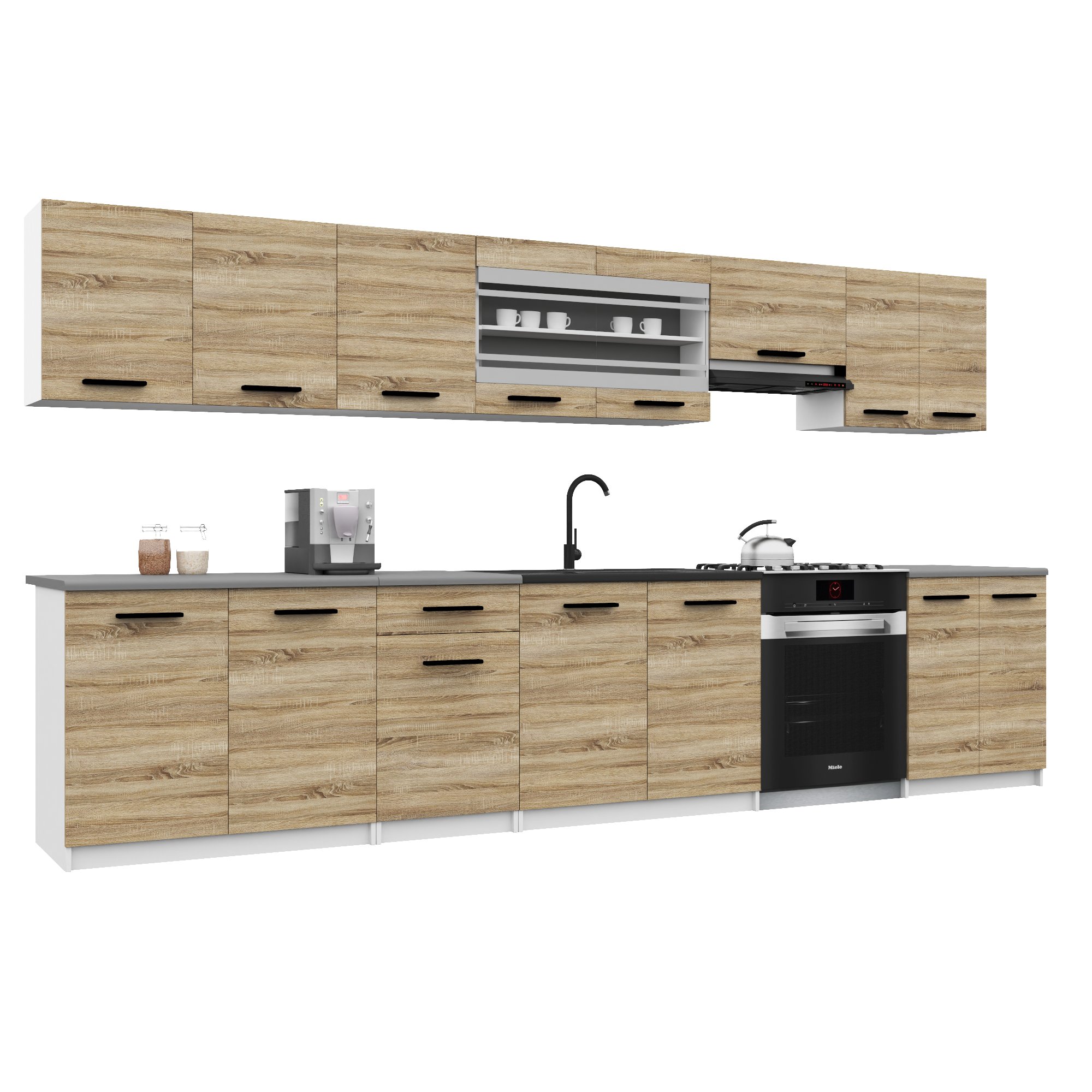Belini Italia 3 Küche Ausgestattet Modular Komplett - 320 Cm. Ober- Und Unterschränke Mit Arbeitsplatte, Chêne Sonoma