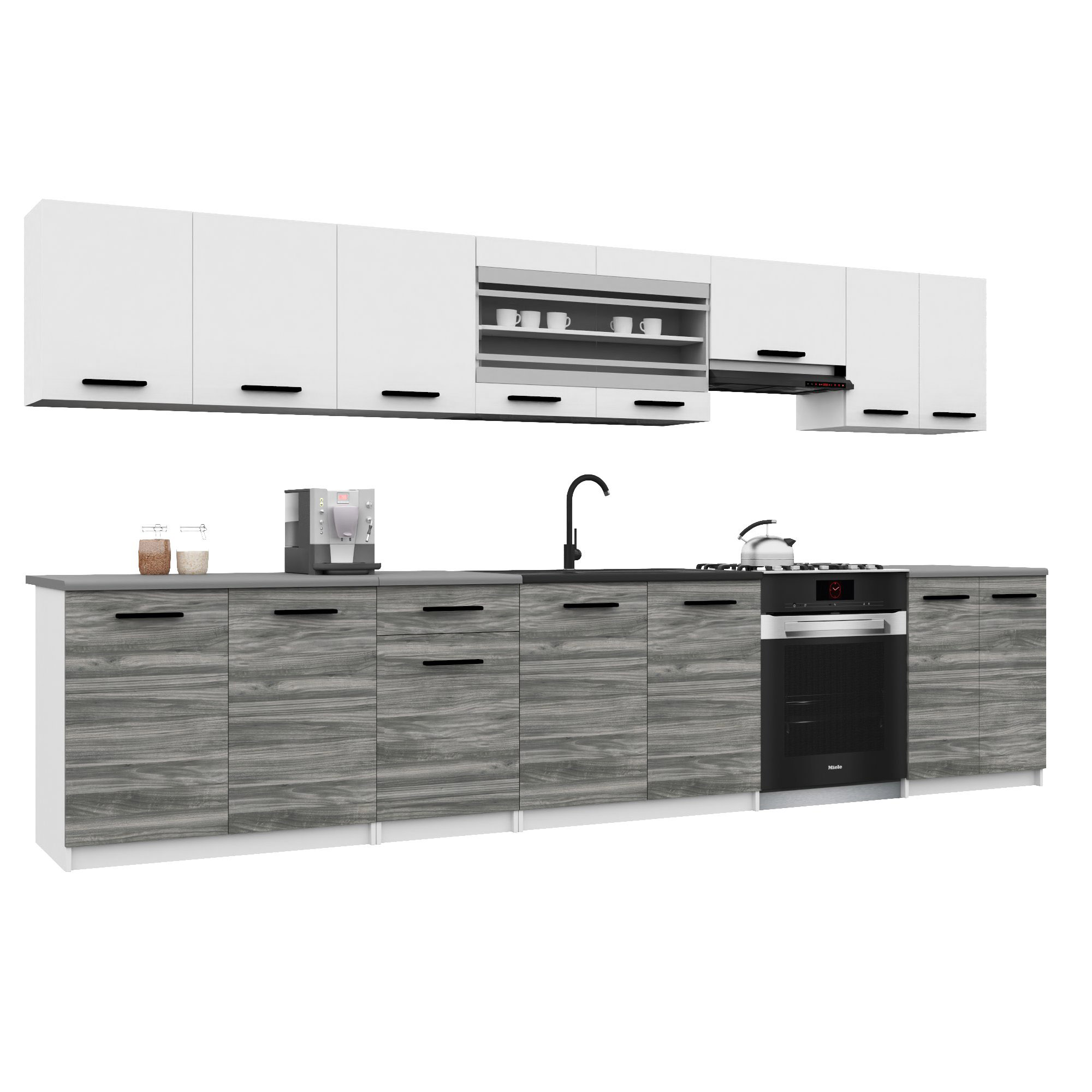 Belini Italia 3 Küche Ausgestattet Modular Komplett - 320 Cm. Ober- Und Unterschränke Mit Arbeitsplatte, Blanc Mat/gris Glamour