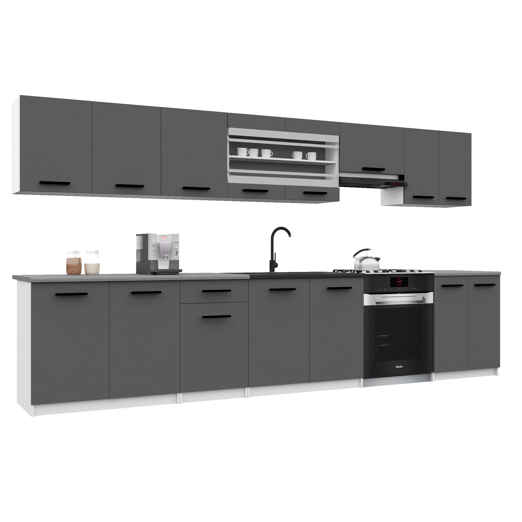 Belini Italia 3 Küche Ausgestattet Modular Komplett - 320 Cm. Ober- Und Unterschränke Mit Arbeitsplatte, Grau Matt