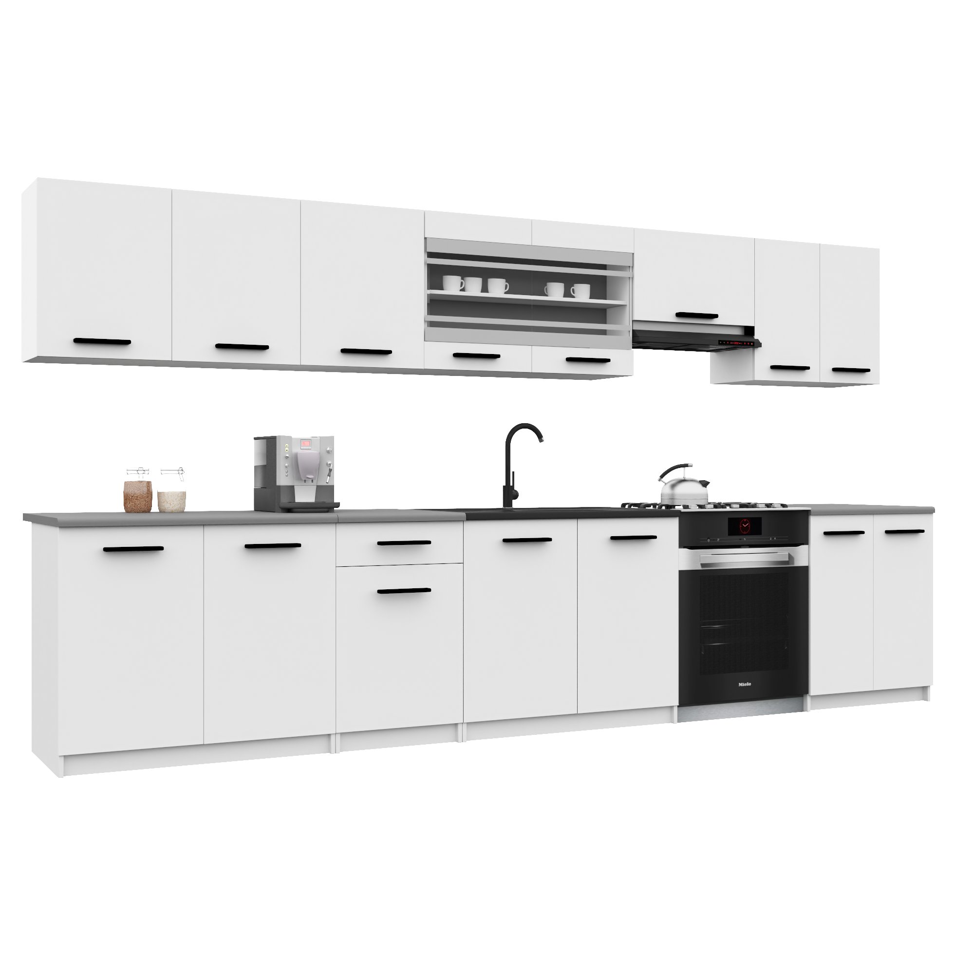 Belini Italia 3 Küche Ausgestattet Modular Komplett - 320 Cm. Ober- Und Unterschränke Mit Arbeitsplatte, Weiß Matt/ebenholz