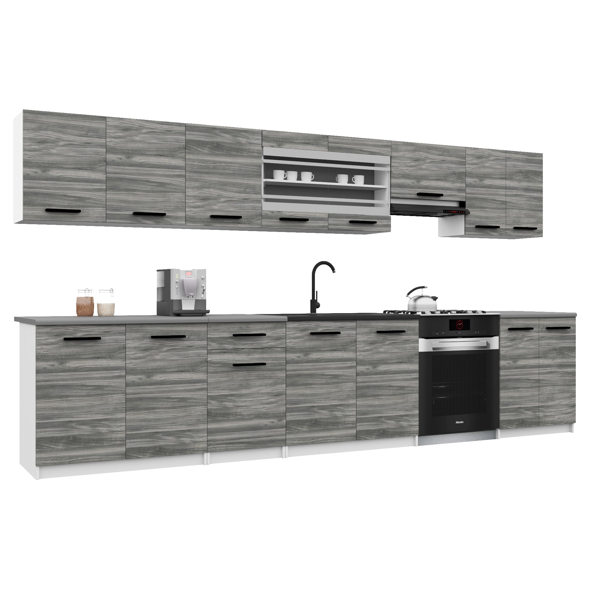 Belini Italia 3 Küche Ausgestattet Modular Komplett - 320 Cm. Ober- Und Unterschränke Mit Arbeitsplatte, Gris Glamour