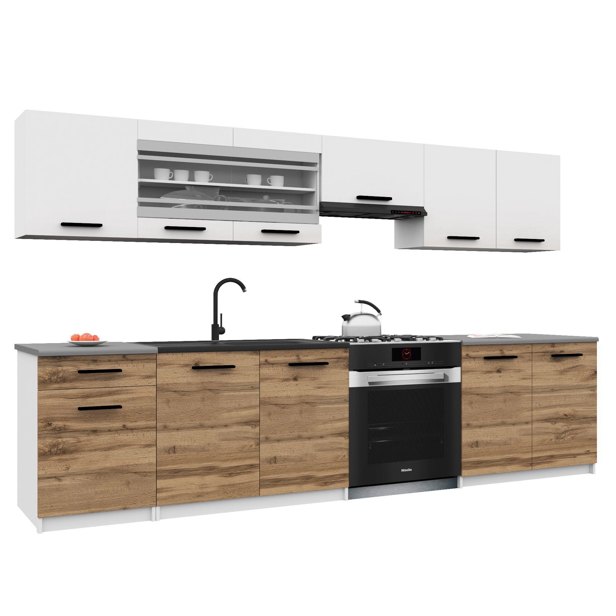 Belini Italia 4 Küche Ausgestattet Modular Komplett - 260 Cm. Ober- Und Unterschränke Mit Arbeitsplatte, Blanc Mat/brun Doré