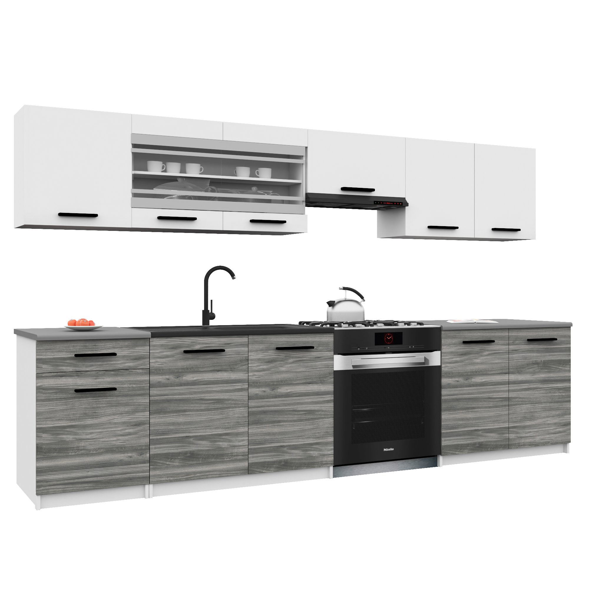 Belini Italia 4 Küche Ausgestattet Modular Komplett - 260 Cm. Ober- Und Unterschränke Mit Arbeitsplatte, Blanc Mat/gris Glamour