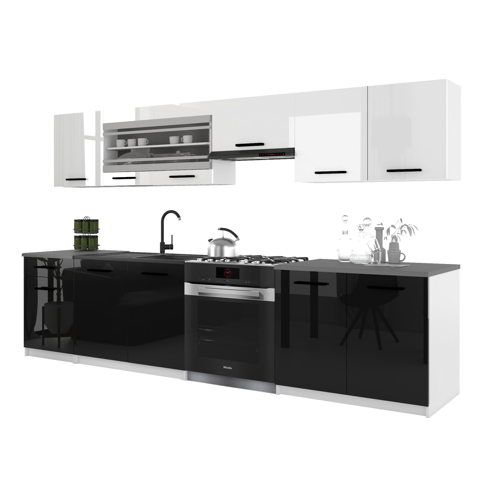 Belini Italia 4 Küche Ausgestattet Modular Komplett - 260 Cm. Ober- Und Unterschränke Mit Arbeitsplatte, Blanc Très Brillant/noir Très Brillant