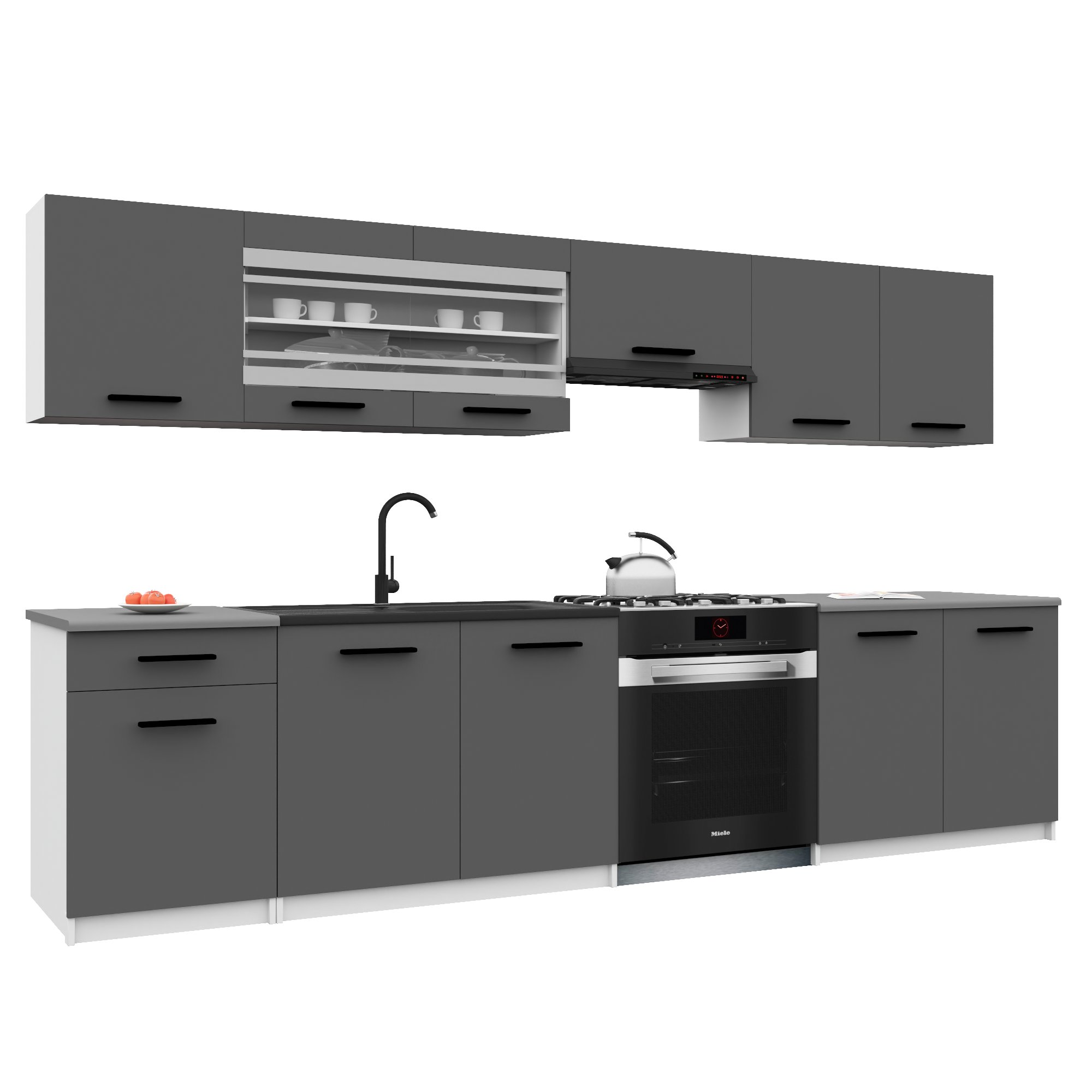 Belini Italia 4 Küche Ausgestattet Modular Komplett - 260 Cm. Ober- Und Unterschränke Mit Arbeitsplatte, Grau Matt