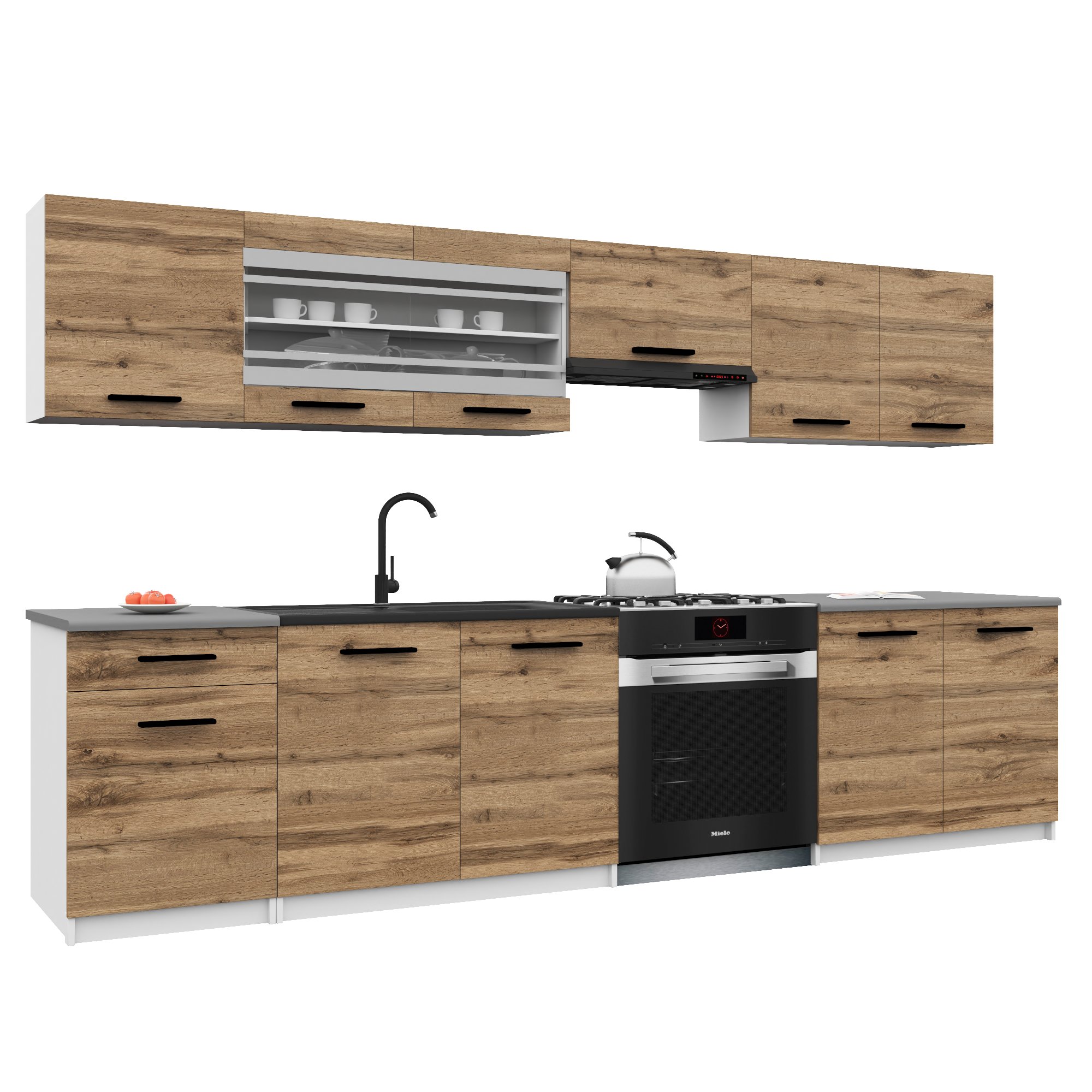Belini Italia 4 Küche Ausgestattet Modular Komplett - 260 Cm. Ober- Und Unterschränke Mit Arbeitsplatte, Brun Doré