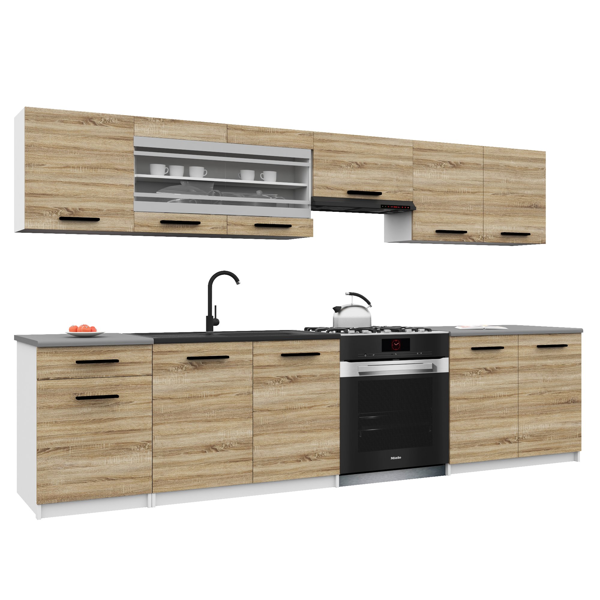 Belini Italia 4 Küche Ausgestattet Modular Komplett - 260 Cm. Ober- Und Unterschränke Mit Arbeitsplatte, Chêne Sonoma