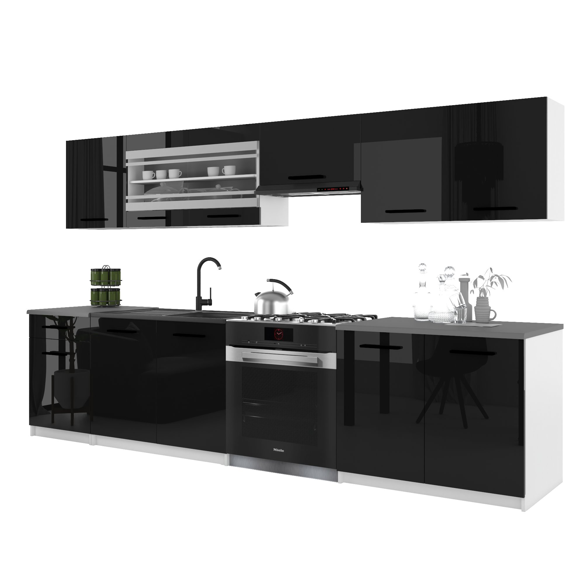 Belini Italia 4 Küche Ausgestattet Modular Komplett - 260 Cm. Ober- Und Unterschränke Mit Arbeitsplatte, Schwarz Hochglanz