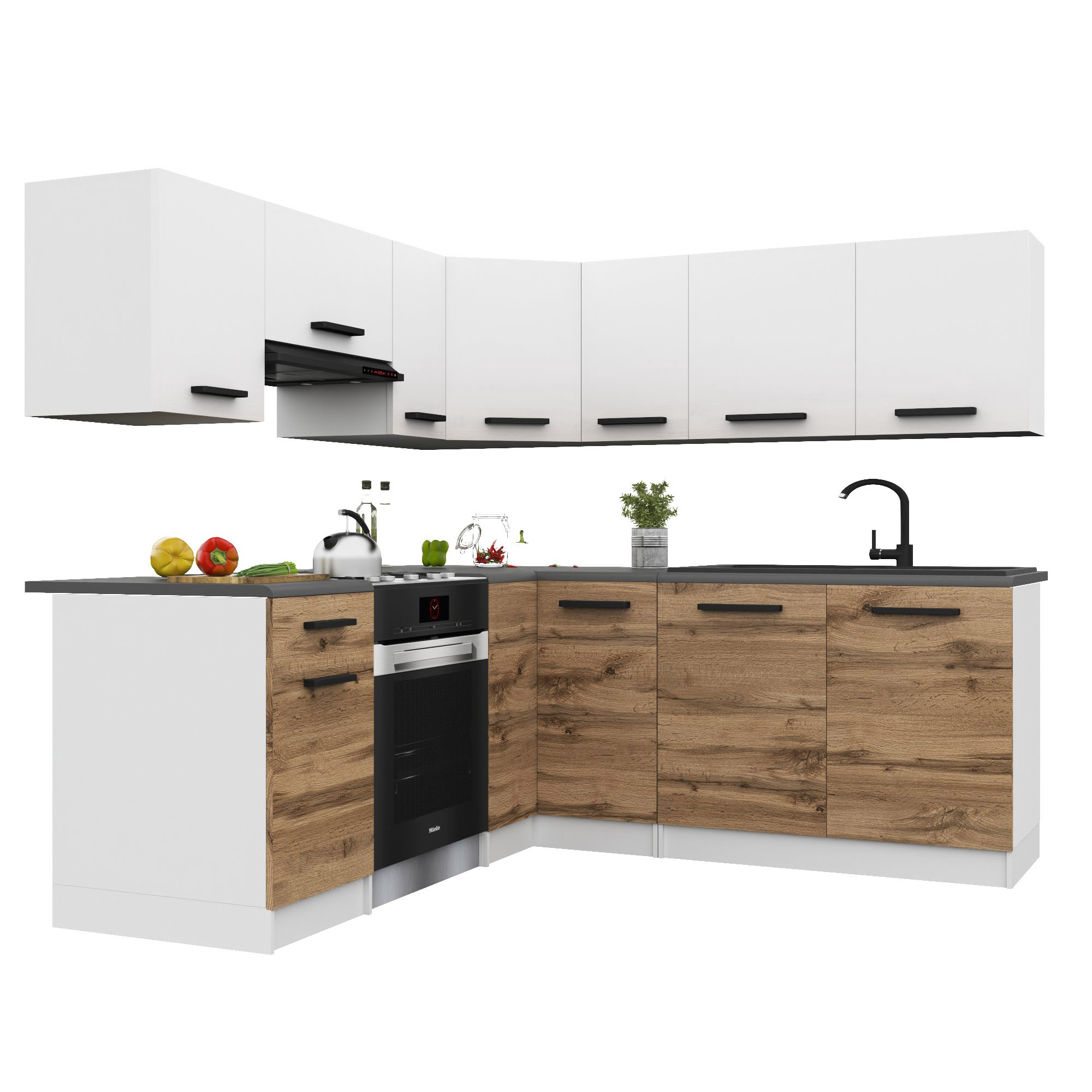 Belini Italia 6 Küche Ausgestattet Modular Komplett - 360 Cm. Ober- Und Unterschränke Mit Arbeitsplatte, Blanc Mat/brun Doré