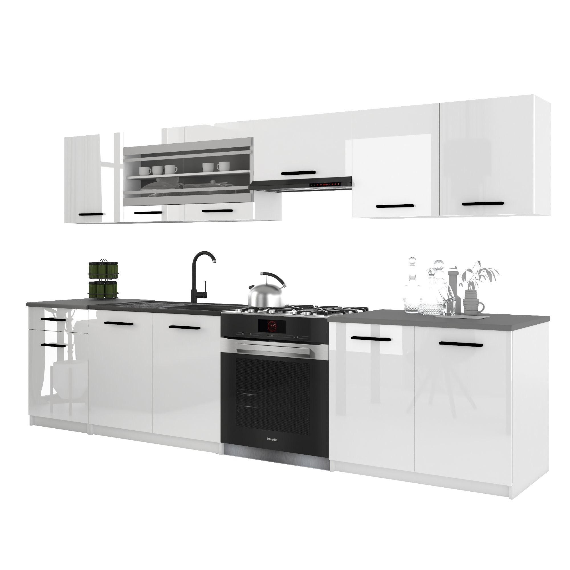 Belini Italia 4 Küche Ausgestattet Modular Komplett - 260 Cm. Ober- Und Unterschränke Mit Arbeitsplatte, Weiß Hochglanz