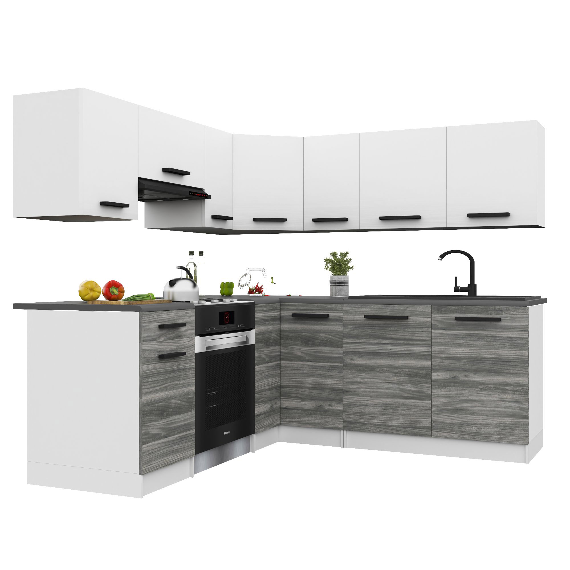 Belini Italia 6 Küche Ausgestattet Modular Komplett - 360 Cm. Ober- Und Unterschränke Mit Arbeitsplatte, Blanc Mat/gris Glamour
