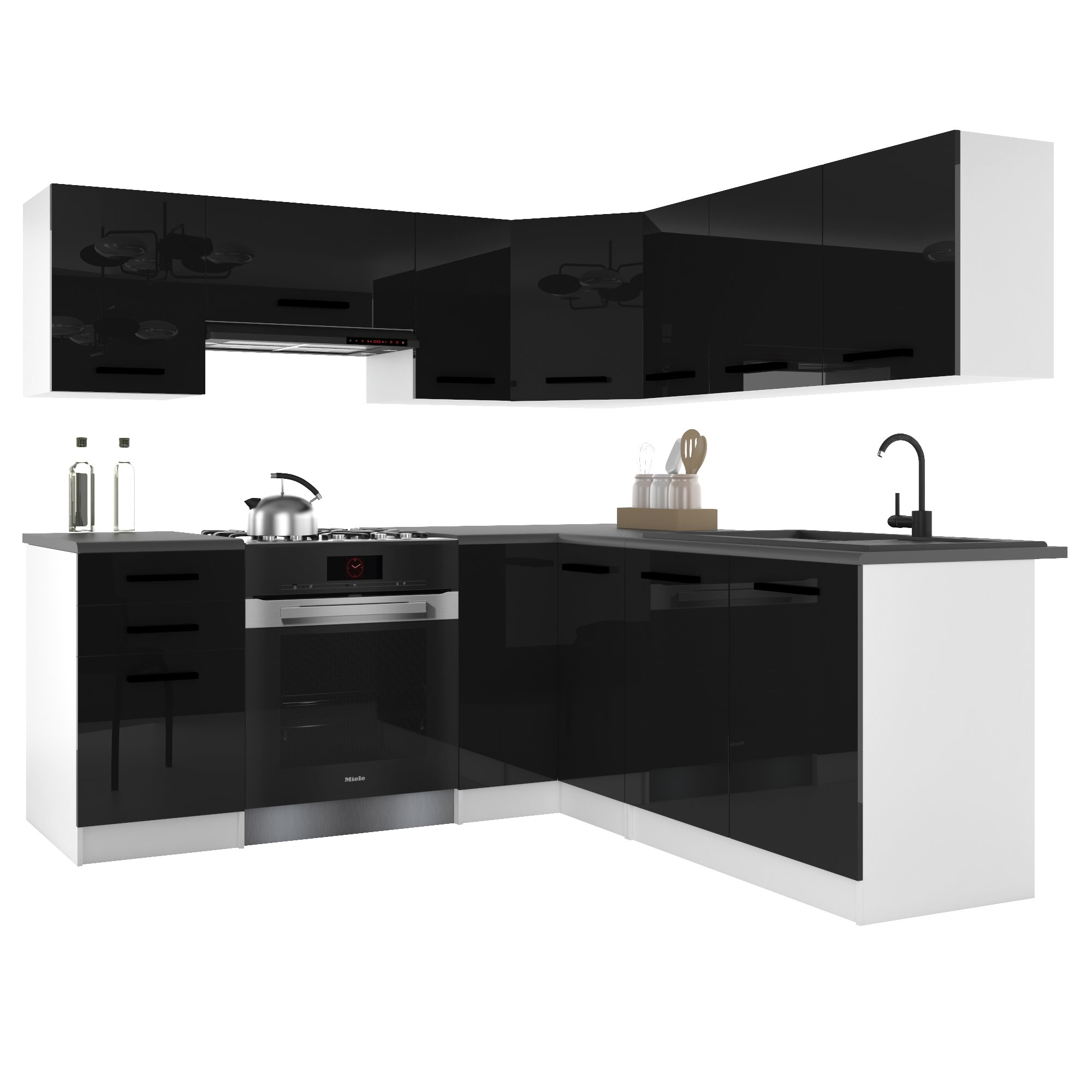 Belini Italia 6 Küche Ausgestattet Modular Komplett - 360 Cm. Ober- Und Unterschränke Mit Arbeitsplatte, Schwarz Hochglanz