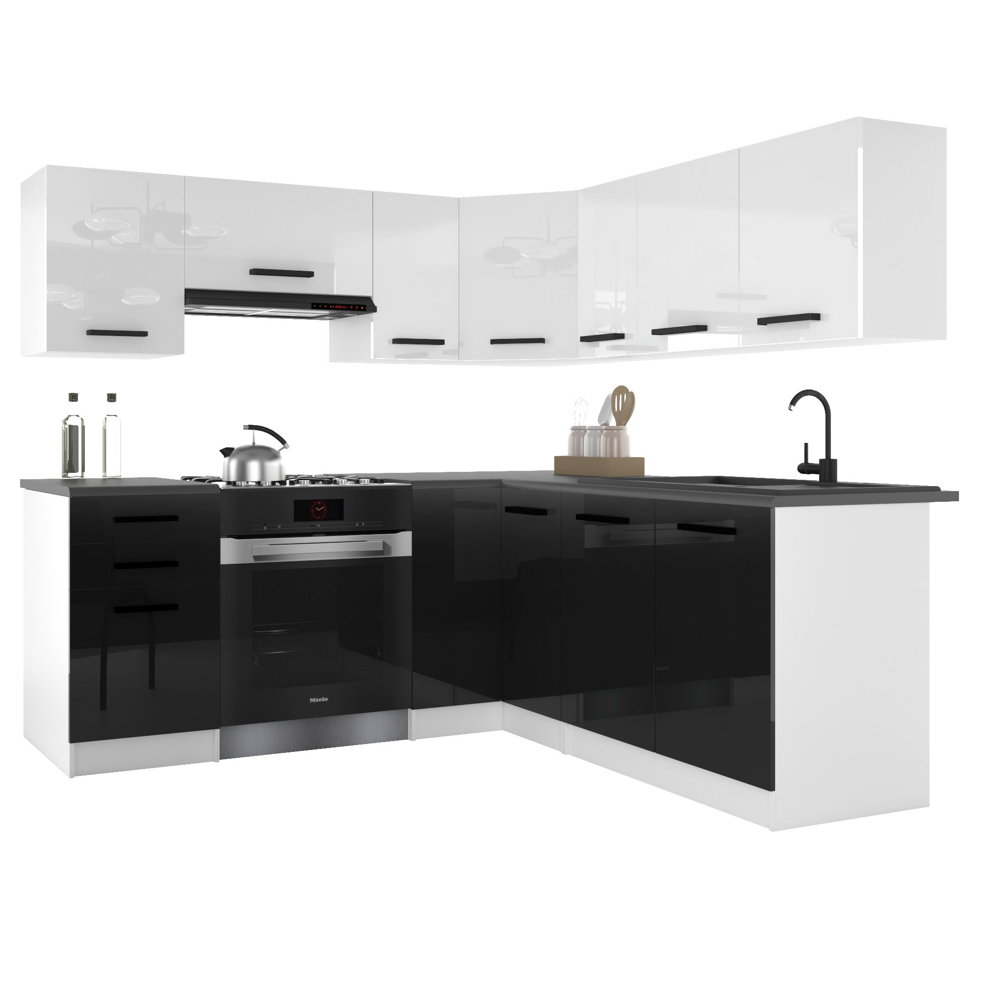 Belini Italia 6 Küche Ausgestattet Modular Komplett - 360 Cm. Ober- Und Unterschränke Mit Arbeitsplatte, Blanc Très Brillant/noir Très Brillant
