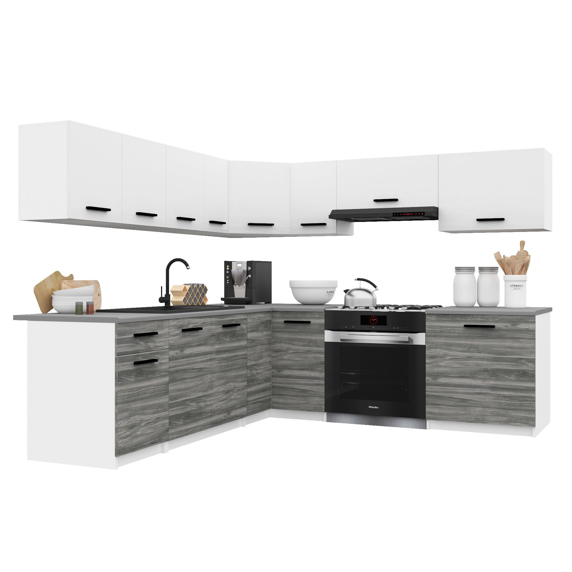 Belini Italia 7 Küche Ausgestattet Modular Komplett - 420 Cm. Ober- Und Unterschränke Mit Arbeitsplatte, Blanc Mat/gris Glamour