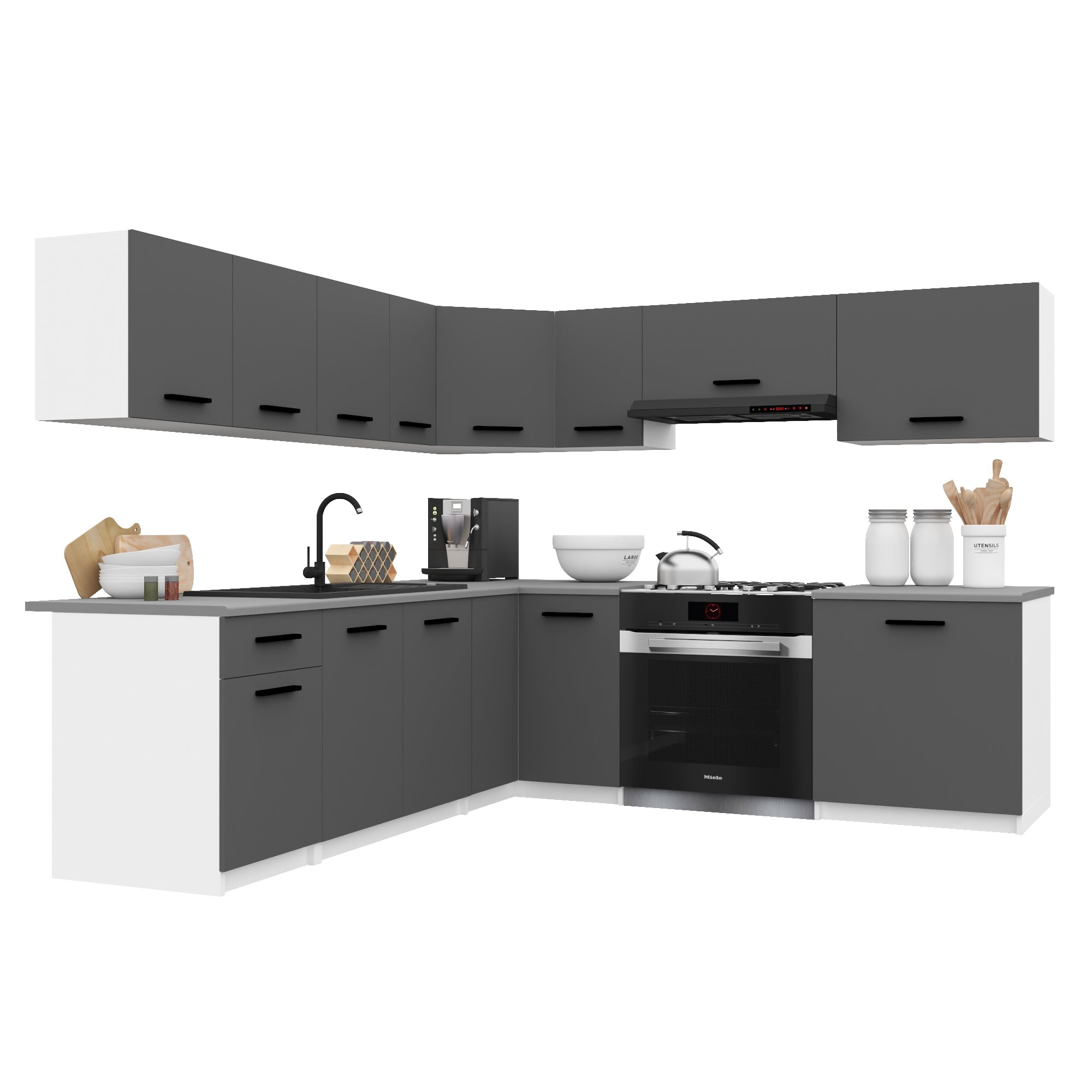 Belini Italia 7 Küche Ausgestattet Modular Komplett - 420 Cm. Ober- Und Unterschränke Mit Arbeitsplatte, Grau Matt