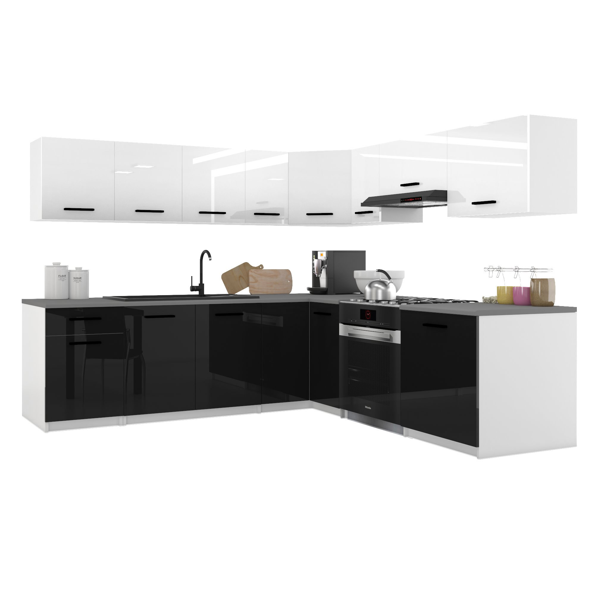 Belini Italia 7 Küche Ausgestattet Modular Komplett - 420 Cm. Ober- Und Unterschränke Mit Arbeitsplatte, Blanc Très Brillant/noir Très Brillant