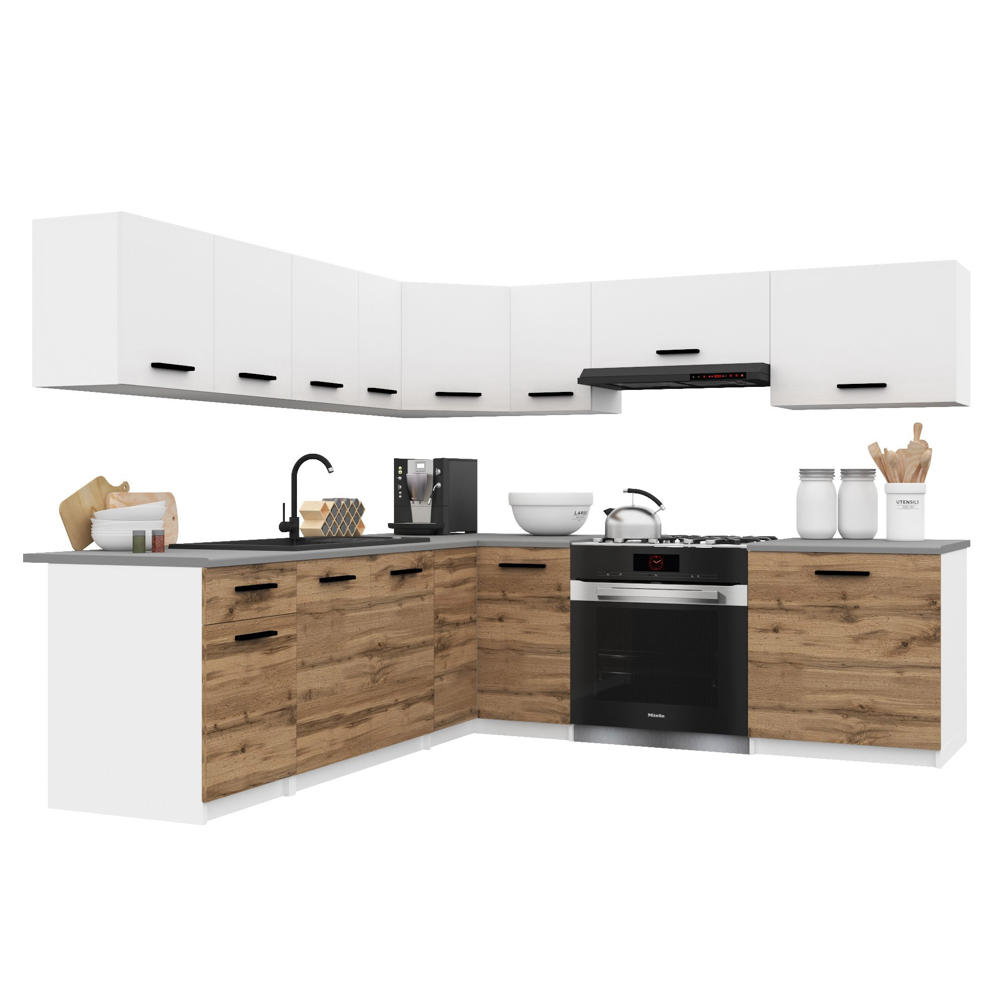 Belini Italia 7 Küche Ausgestattet Modular Komplett - 420 Cm. Ober- Und Unterschränke Mit Arbeitsplatte, Blanc Mat/brun Doré