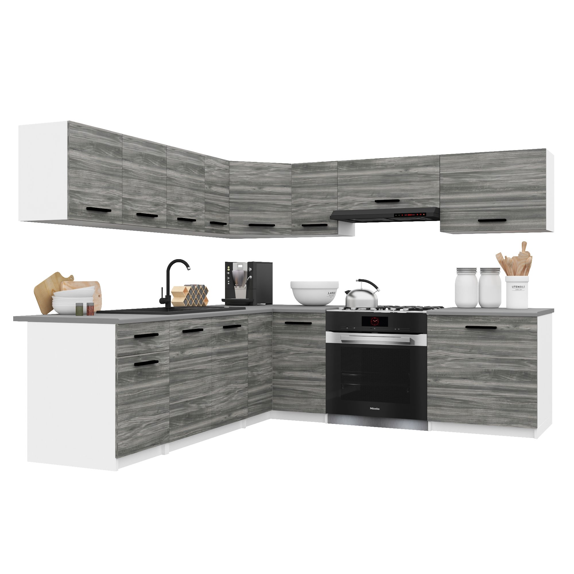 Belini Italia 7 Küche Ausgestattet Modular Komplett - 420 Cm. Ober- Und Unterschränke Mit Arbeitsplatte, Gris Glamour
